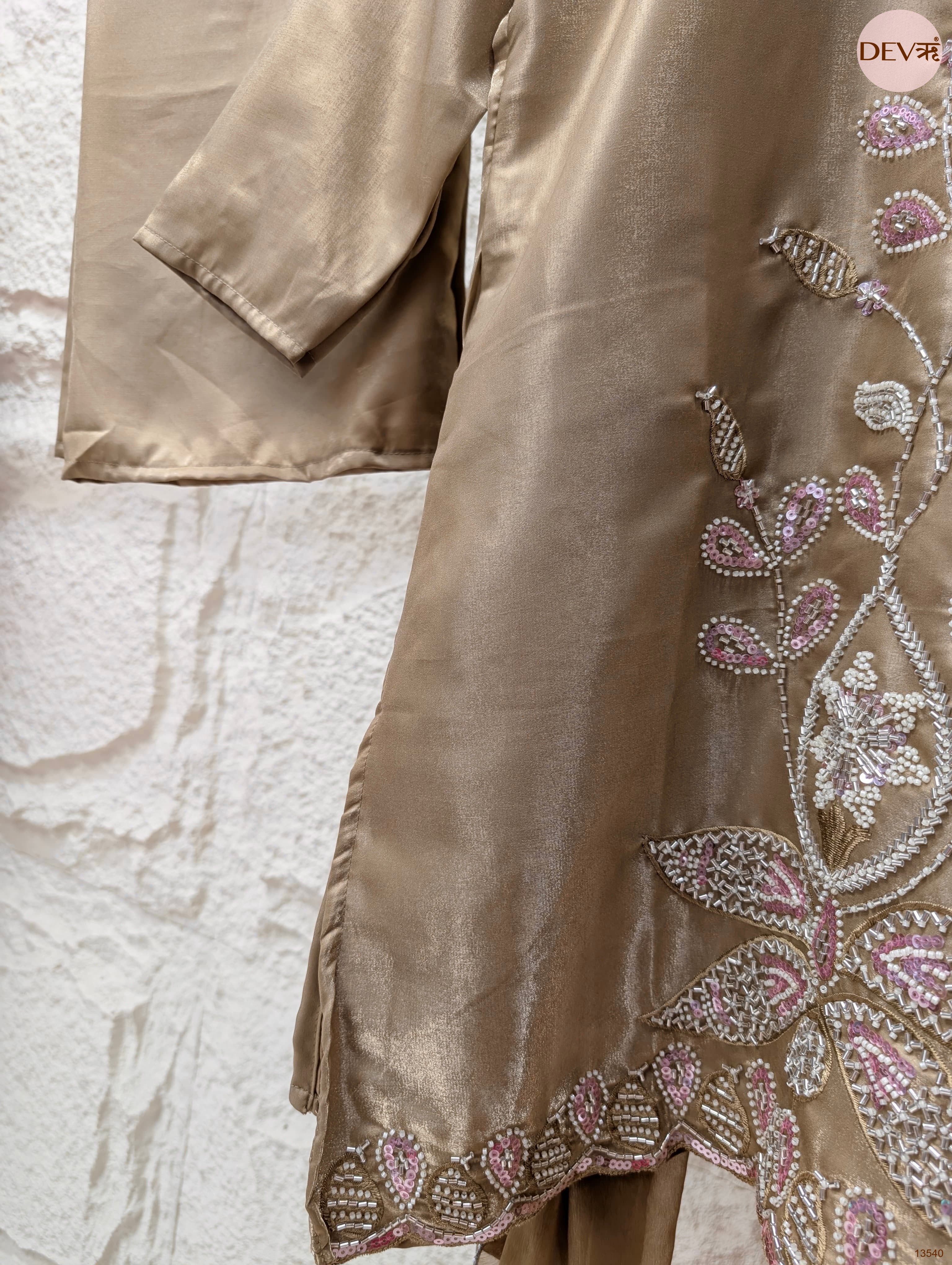 Zareen Roman Glass Silk Embroidered Gold 3-Piece Set (Devri – D.No 13540)