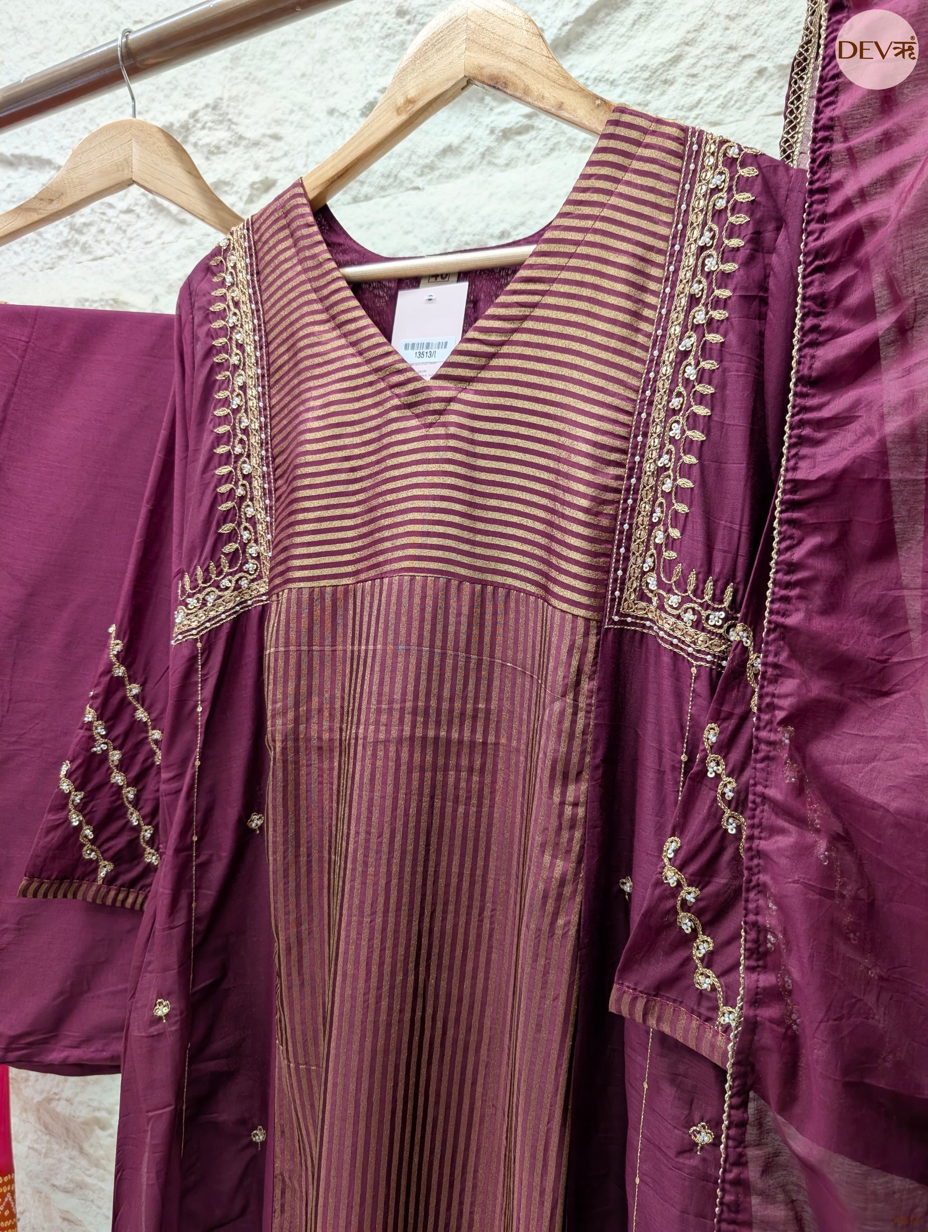 Meher Mul chanderi Embroidered Wine 3-Piece Set (Devri – D.No 13514)
