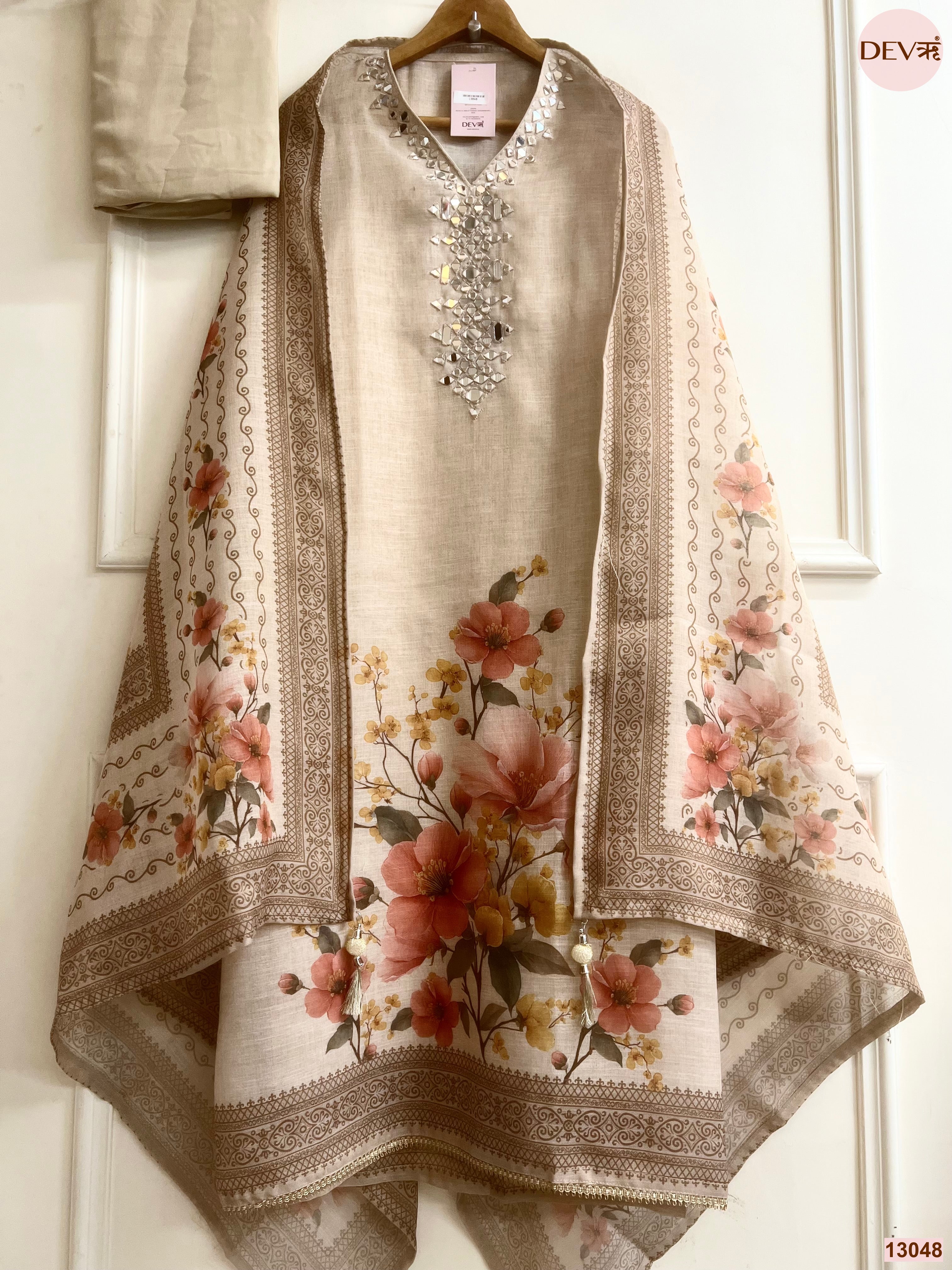 Beige Linen Printed Unstitched 3-Piece Suit (Devri – D.No 13048)