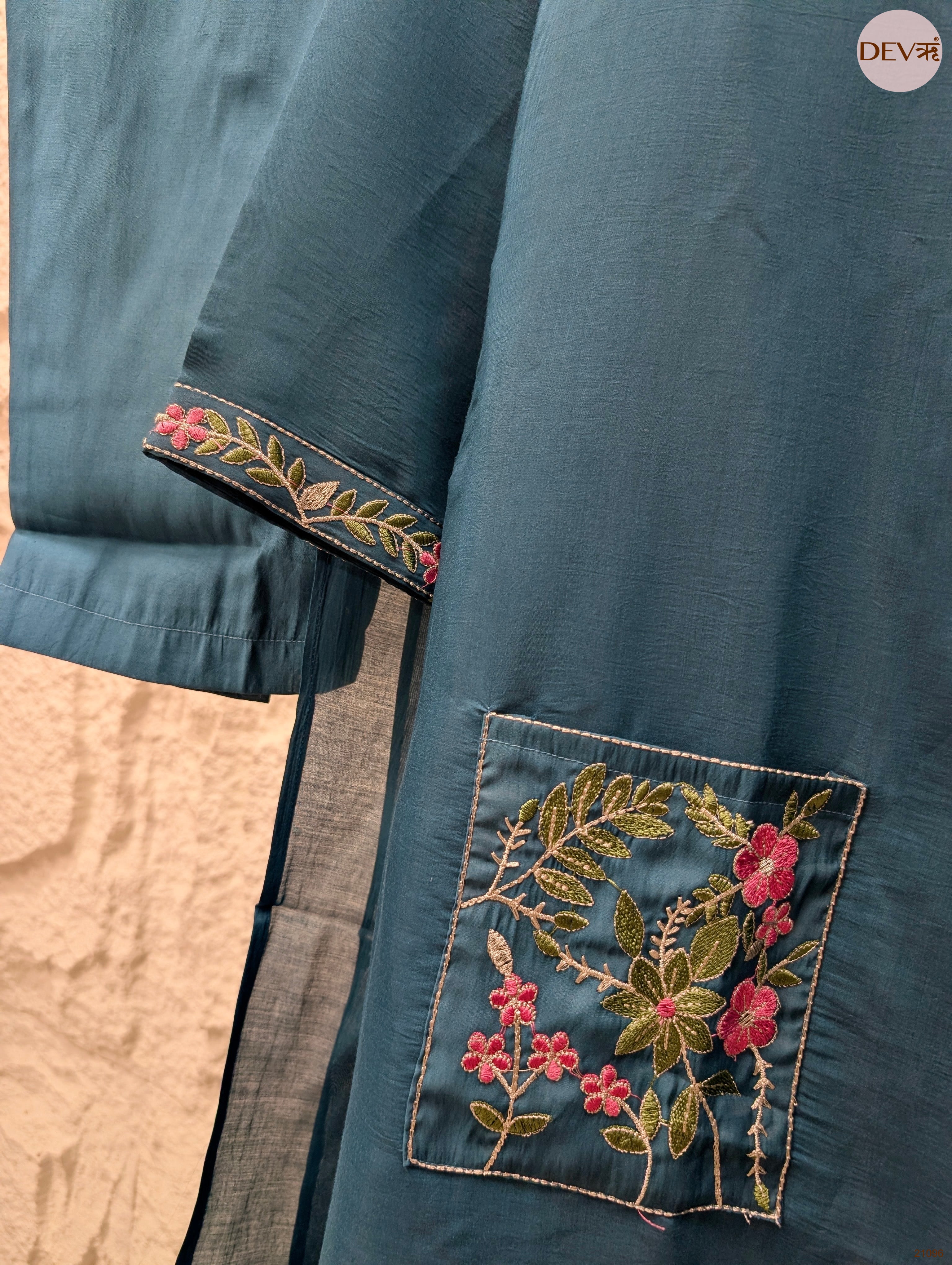 Meher Mul Chanderi Embroidered Teal 3-Piece Set (Devri – D.No 21096)