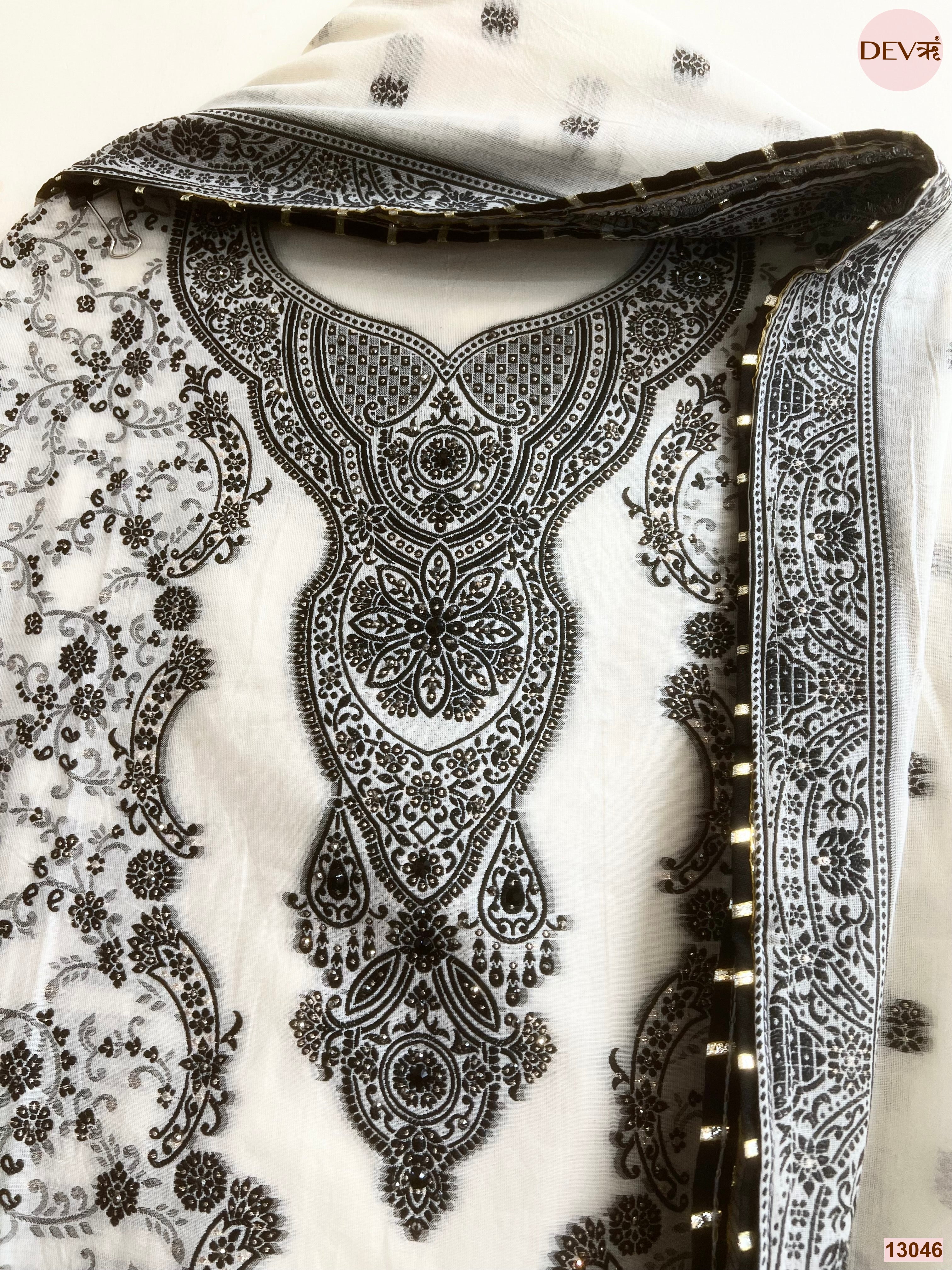 White Cotton Jamdani Printed Unstitched 3-Piece Suit (Devri – D.No 13046)