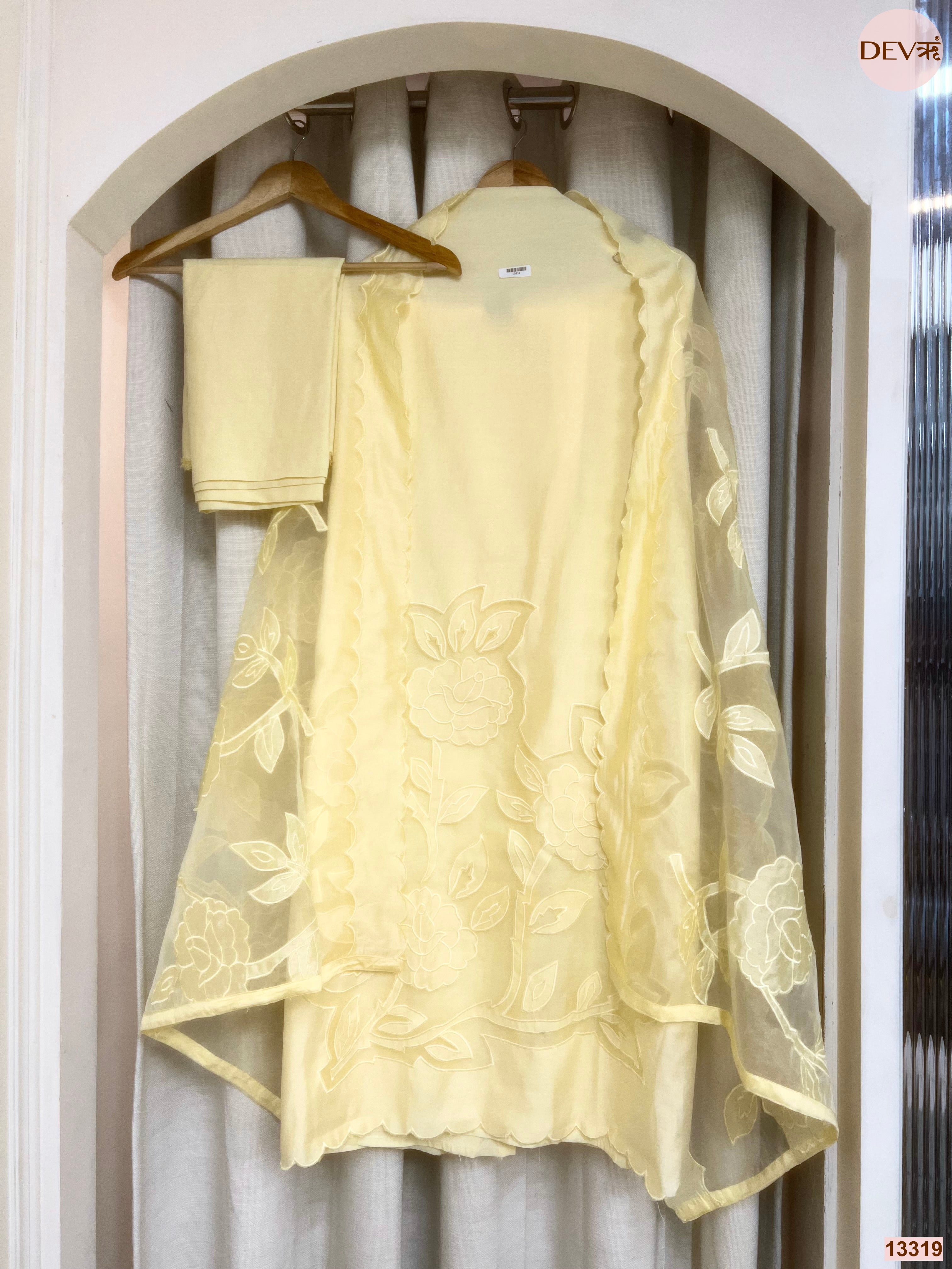 Yellow Roman Silk Embroidered Unstitched 3-Piece Suit (Devri – D.No 13319)