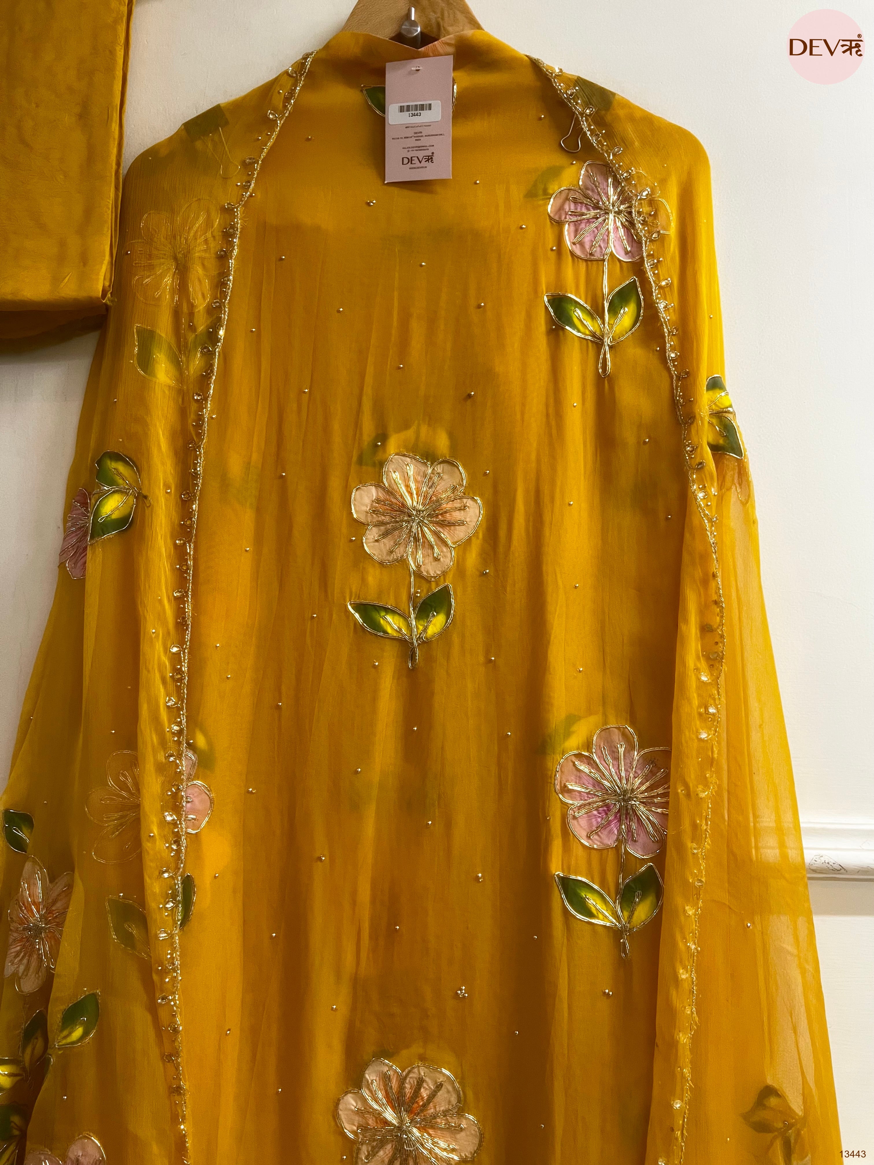 Mustard Handwork viscose organza Unstitched 3-Piece Suit (Devri – D.No 13443)
