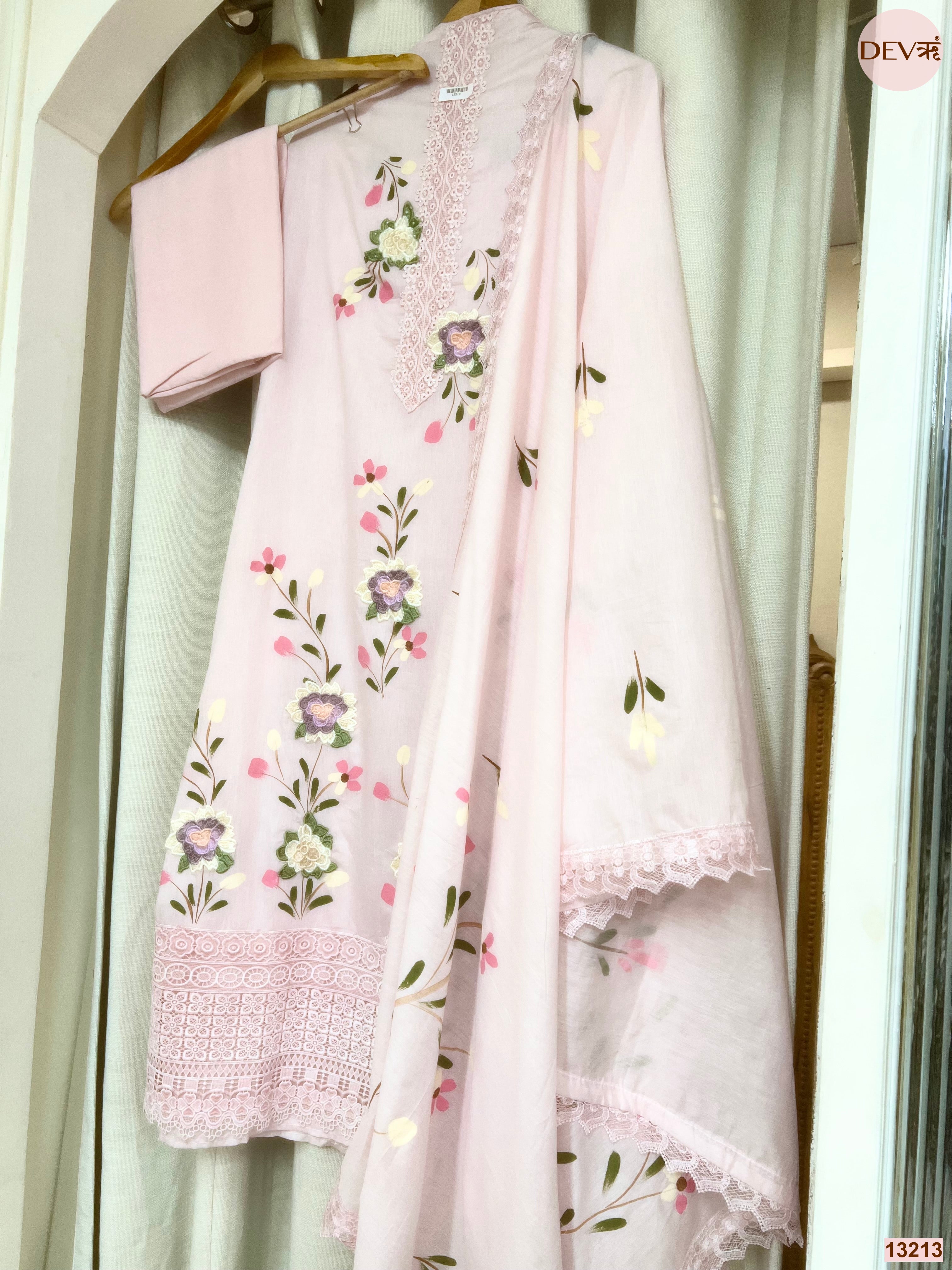 Pink Mul Chanderi Embroidered Unstitched 3-Piece Suit (Devri – D.No 13213)