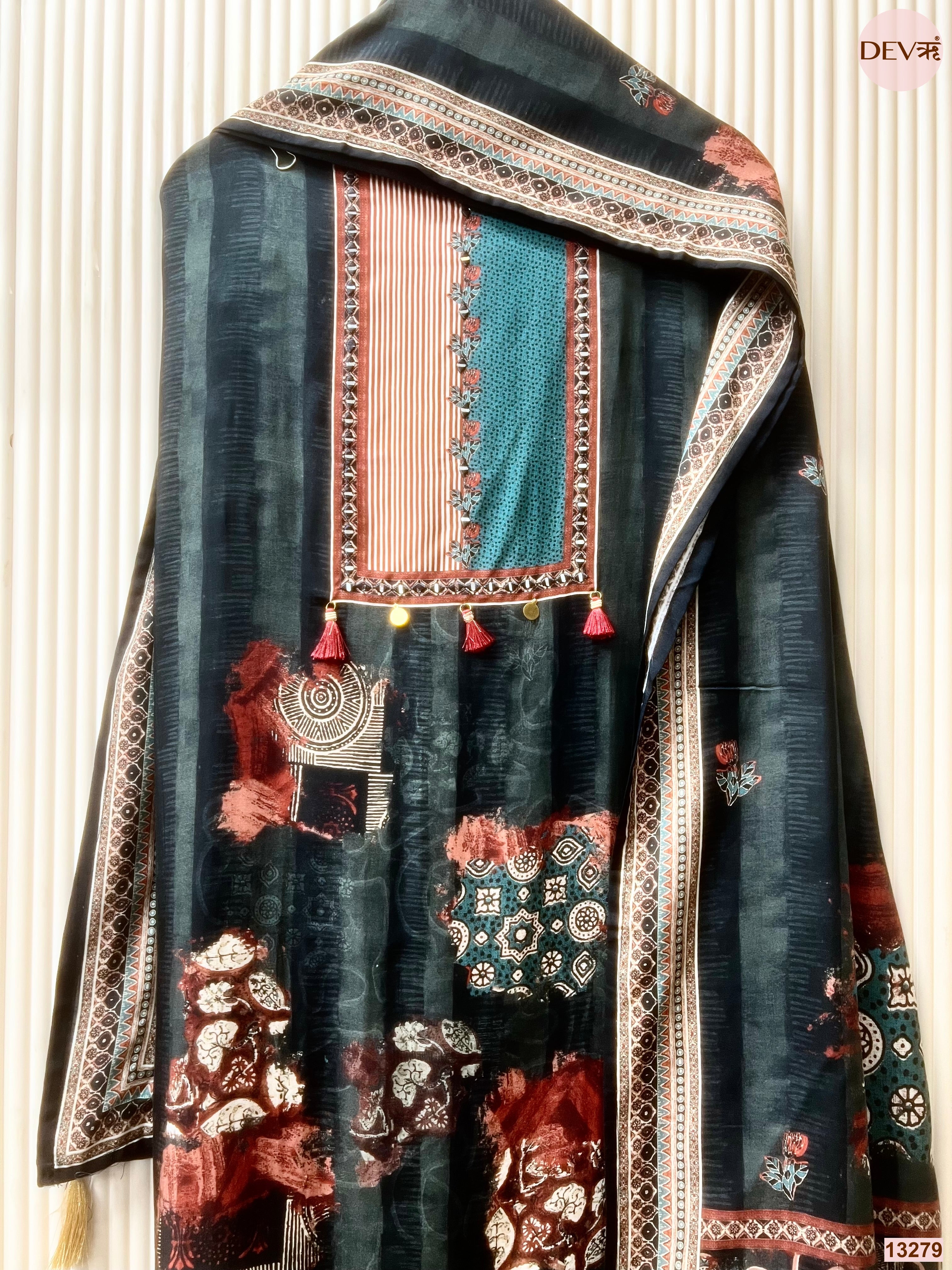 Navy Muslin Printed Unstitched 3-Piece Suit (Devri – D.No 13279)
