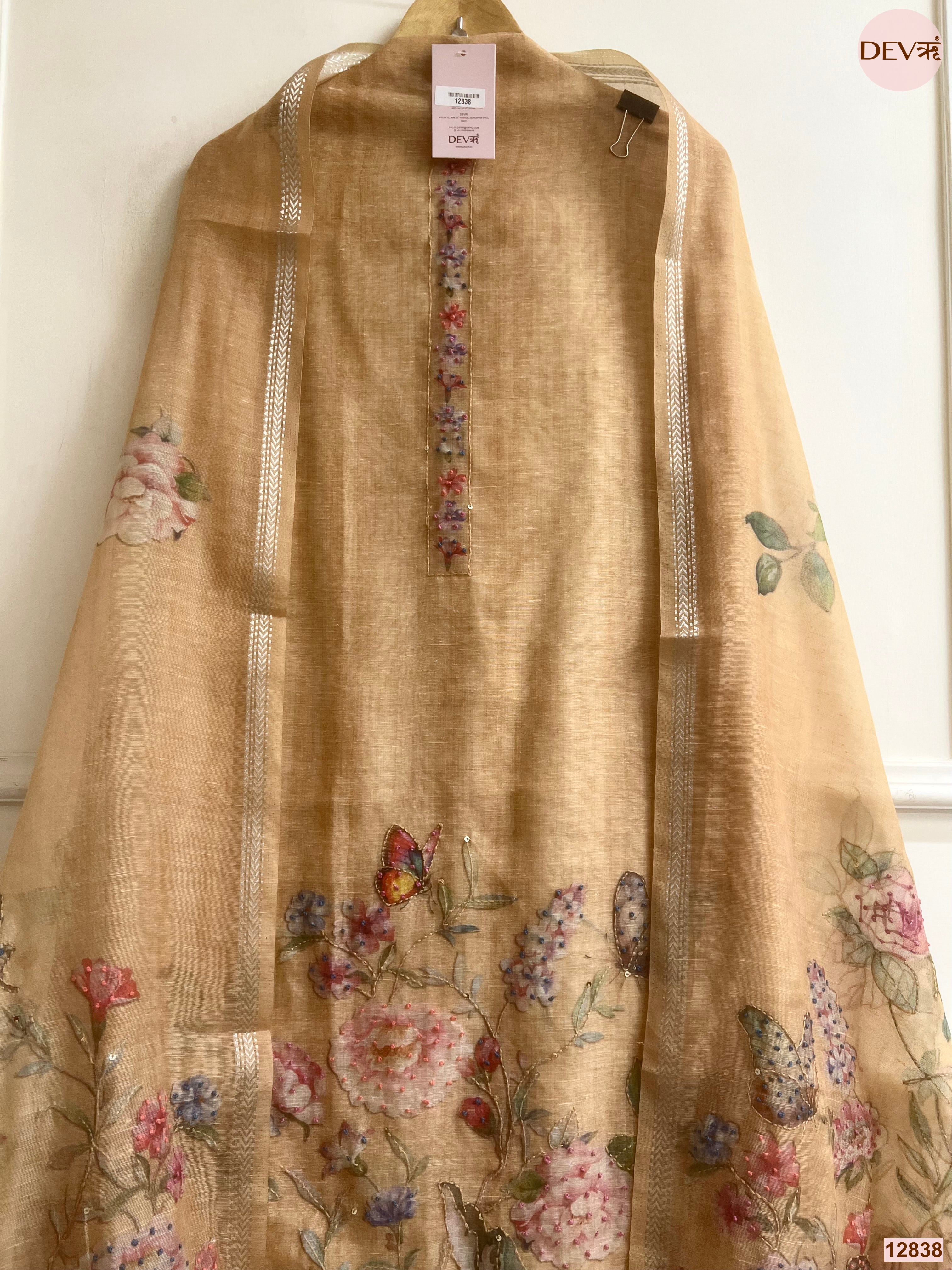 Beige Mul Chanderi Printed Unstitched 3-Piece Suit (Devri – D.No 12838)