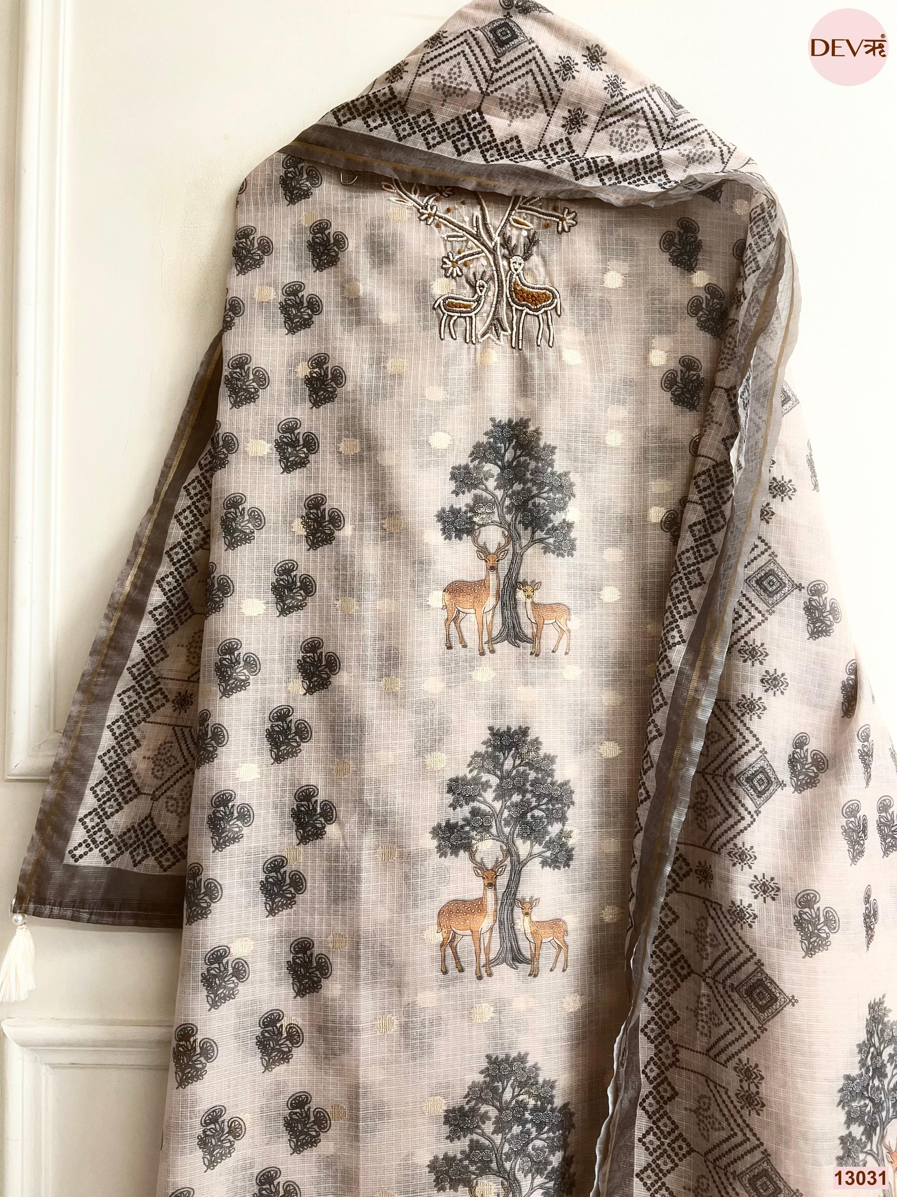 Grey Kota Printed Unstitched 3-Piece Suit (Devri – D.No 13031)