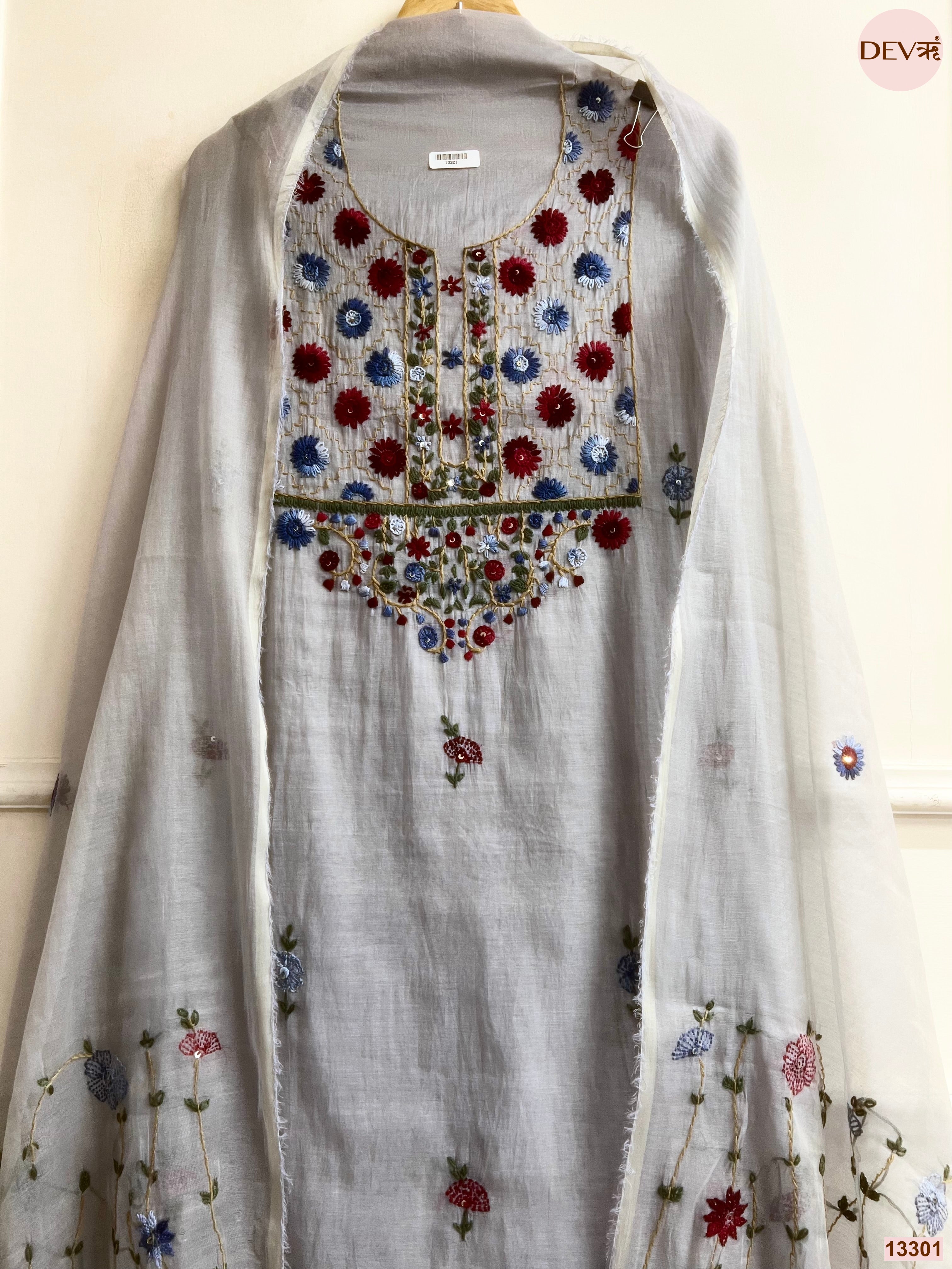 Grey Mul Chanderi Embroidered Unstitched 3-Piece Suit (Devri – D.No 13301)