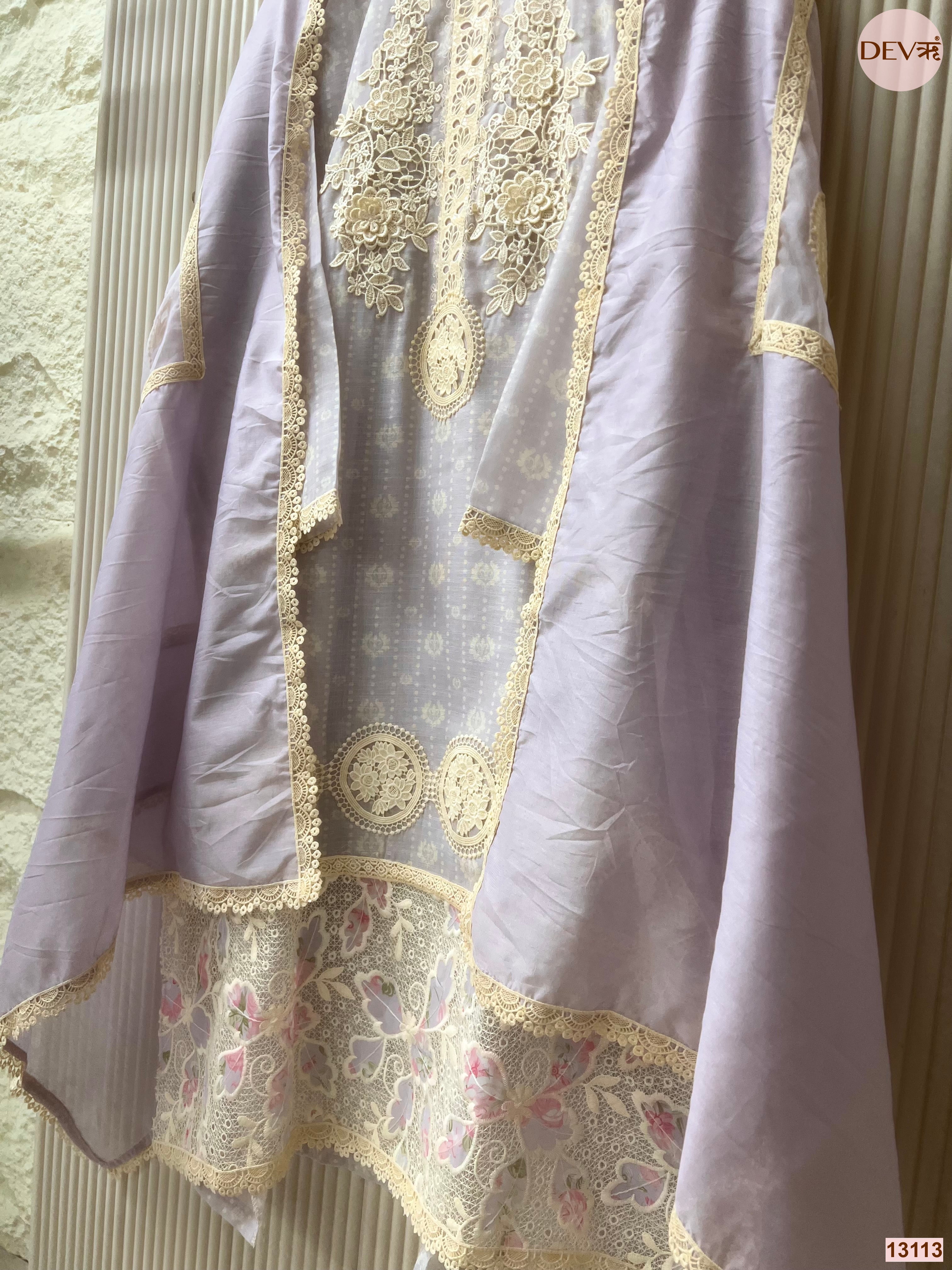 Lavender Linen Cotton Embroidered Unstitched 3-Piece Suit (Devri – D.No 13113)