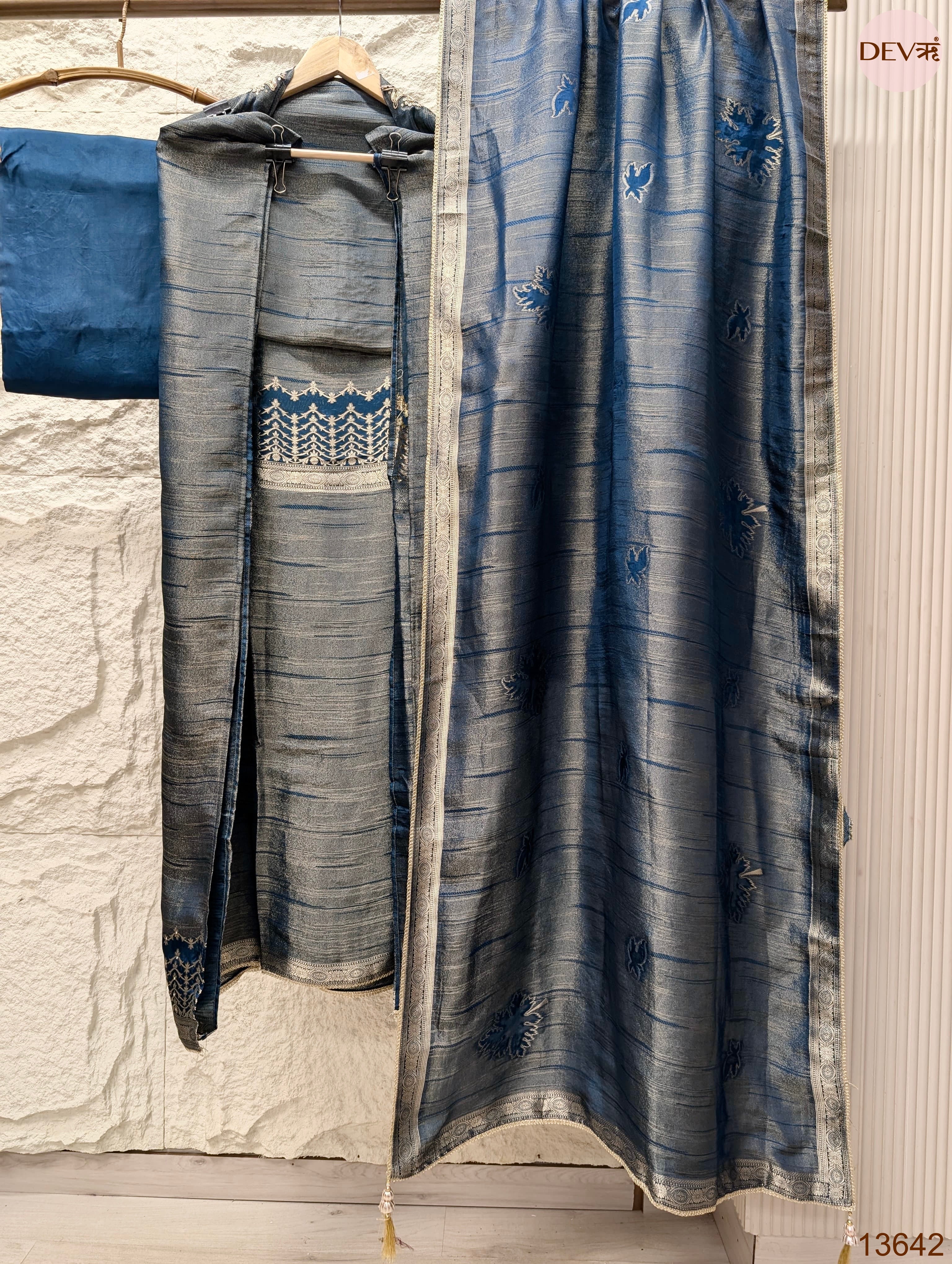 Blue Pure Girafe Banarasi Silk Embroidered Unstitched 3-Piece Suit (Devri – D.No 13642)