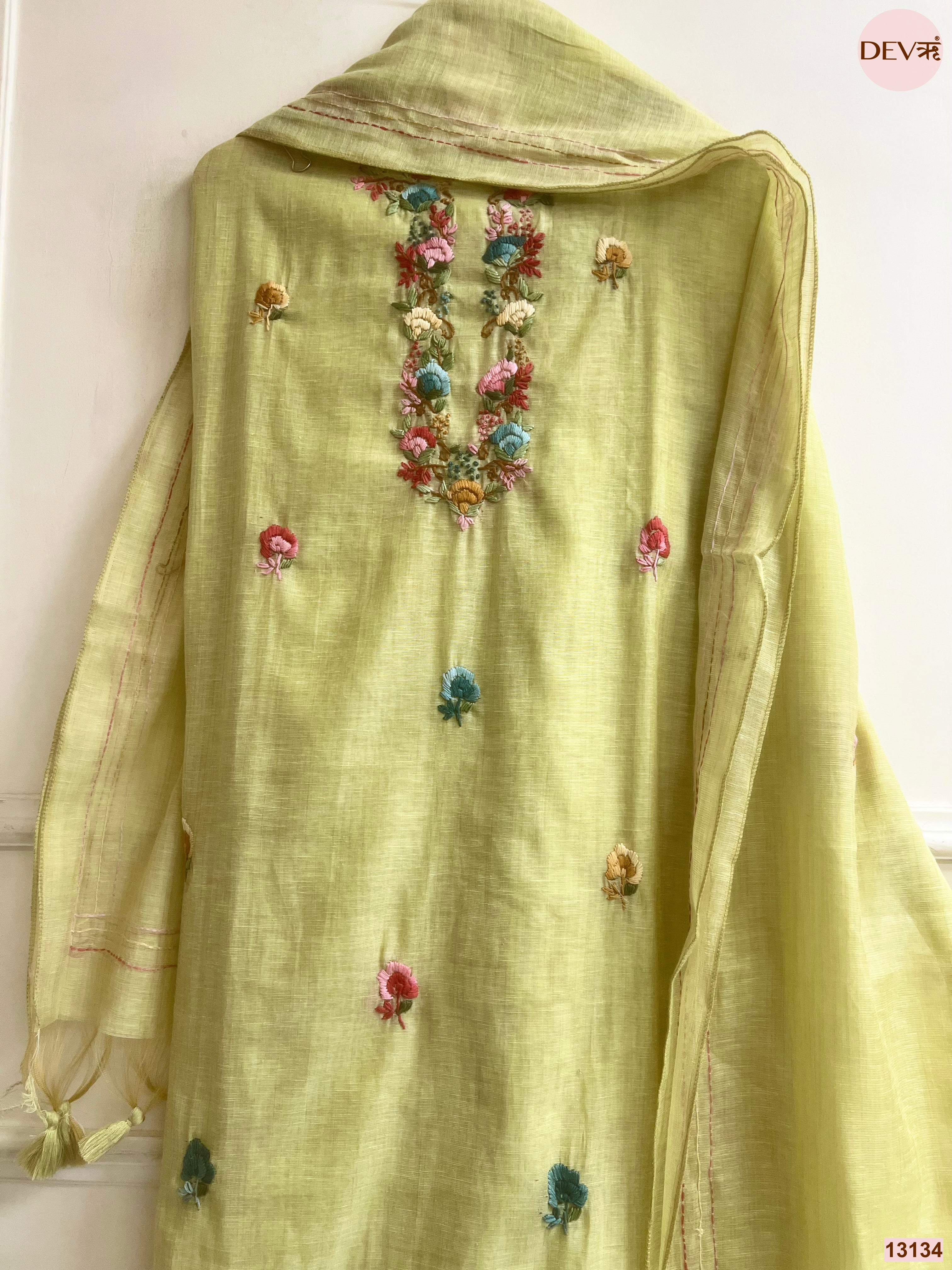 Lime Jamdani Cotton Embroidered Unstitched 3-Piece Suit (Devri – D.No 13134)