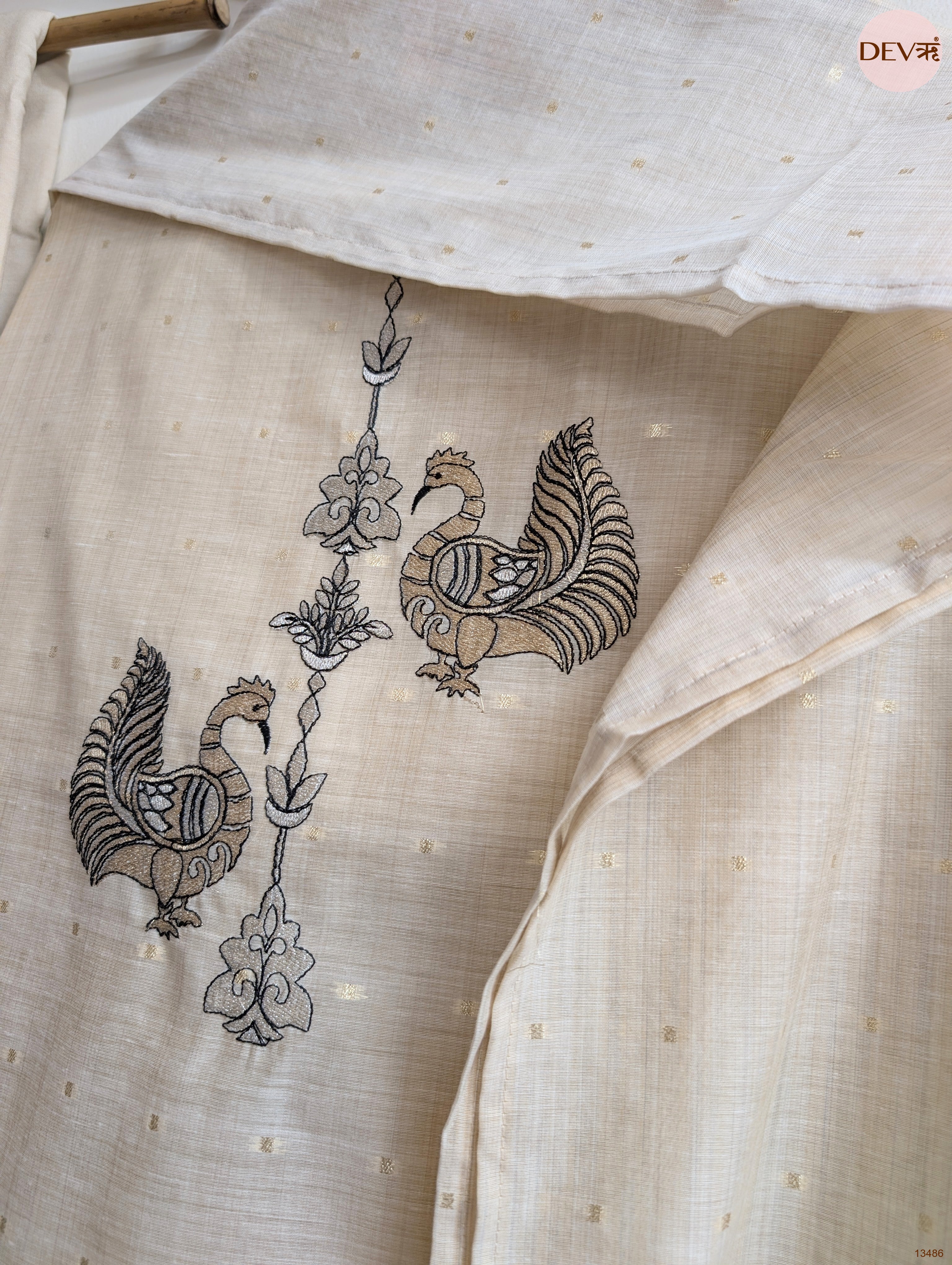 Beige Banarashi Silk Embroidered Unstitched 3-Piece Suit (Devri – D.No 13486)
