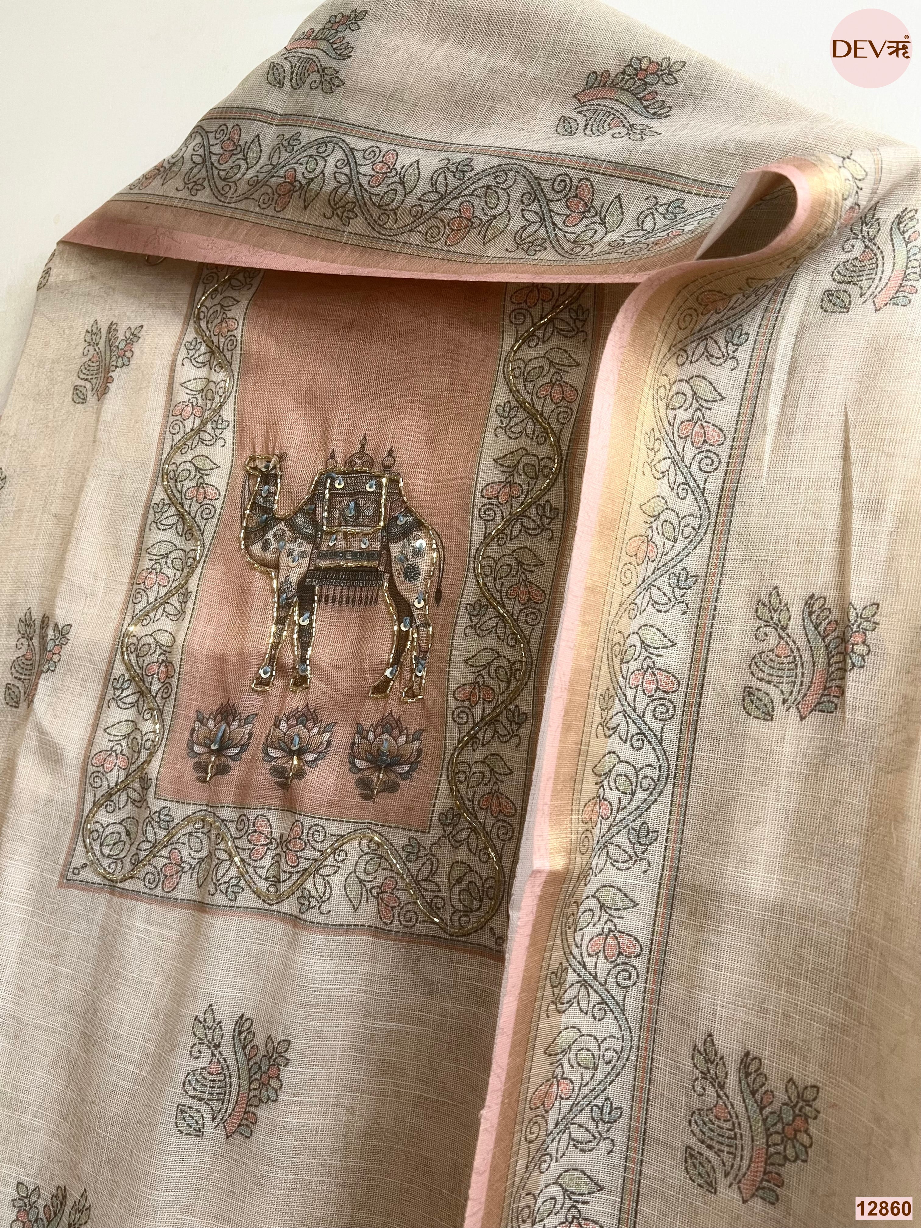 Beige Linen Cotton Printed Unstitched 3-Piece Suit (Devri – D.No 12860)
