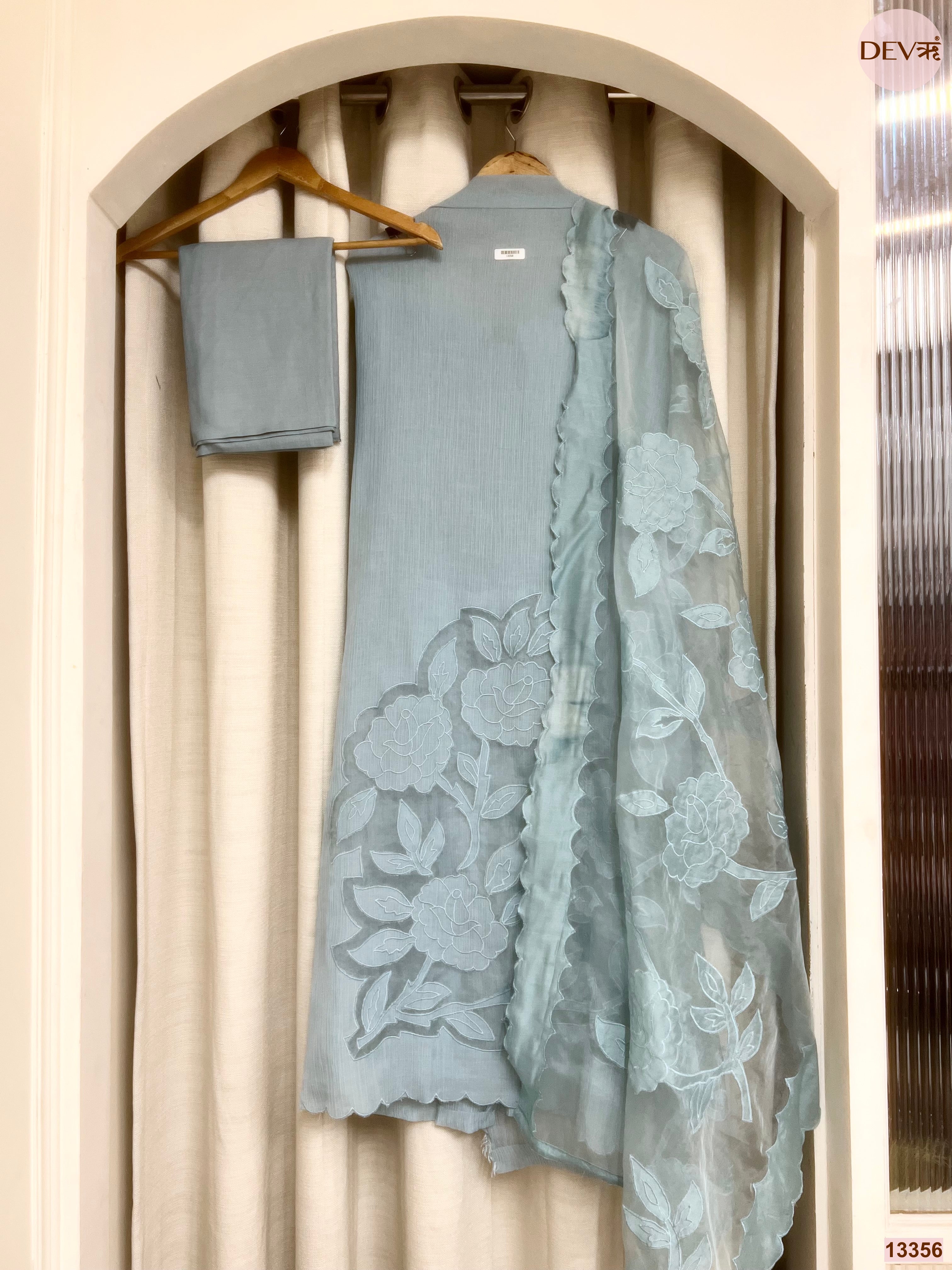 Blue Mul Chanderi Embroidered Unstitched 3-Piece Suit (Devri – D.No 13356)