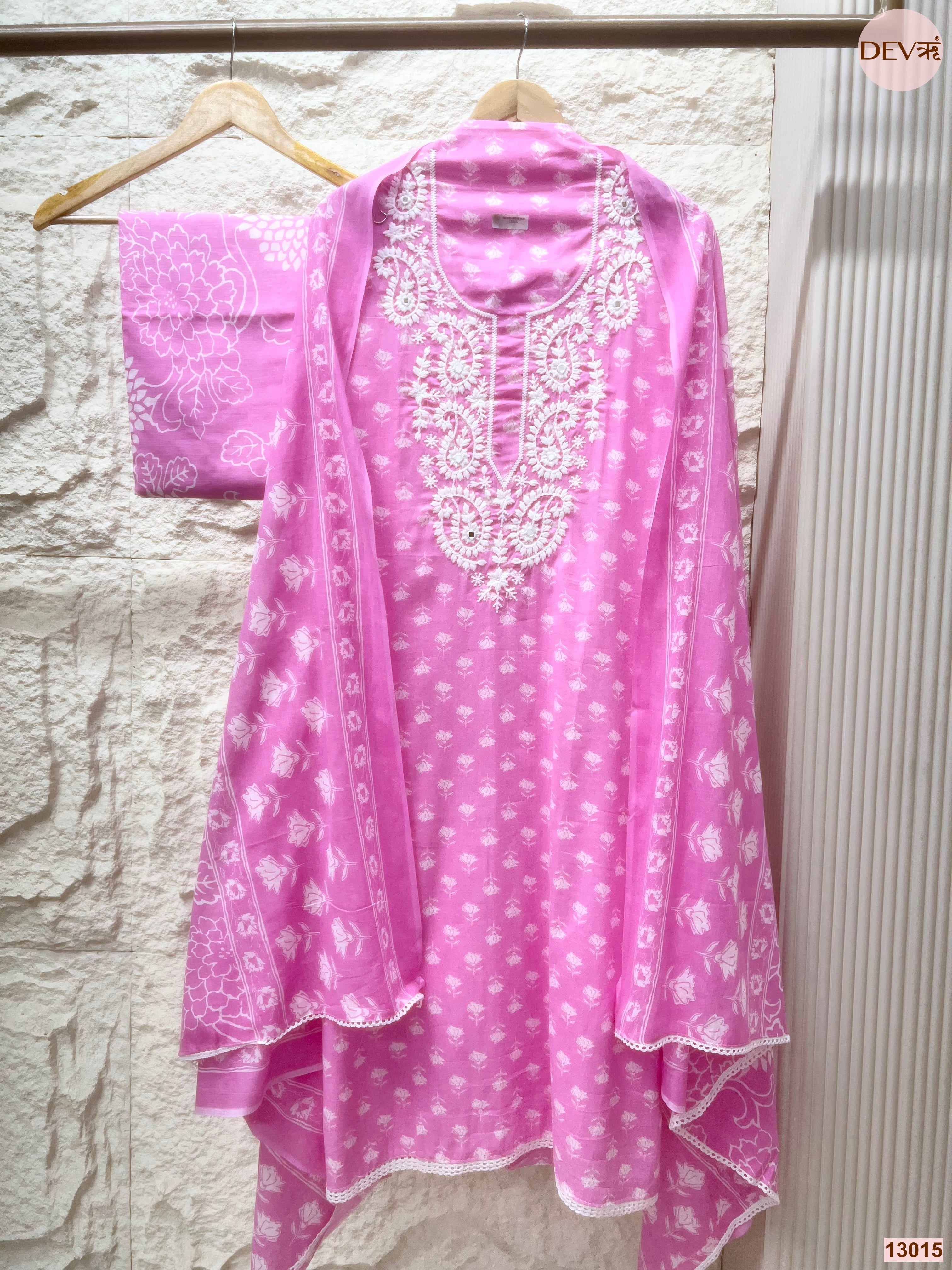 Pink Cotton Printed Unstitched 3-Piece Suit (Devri – D.No 13015)