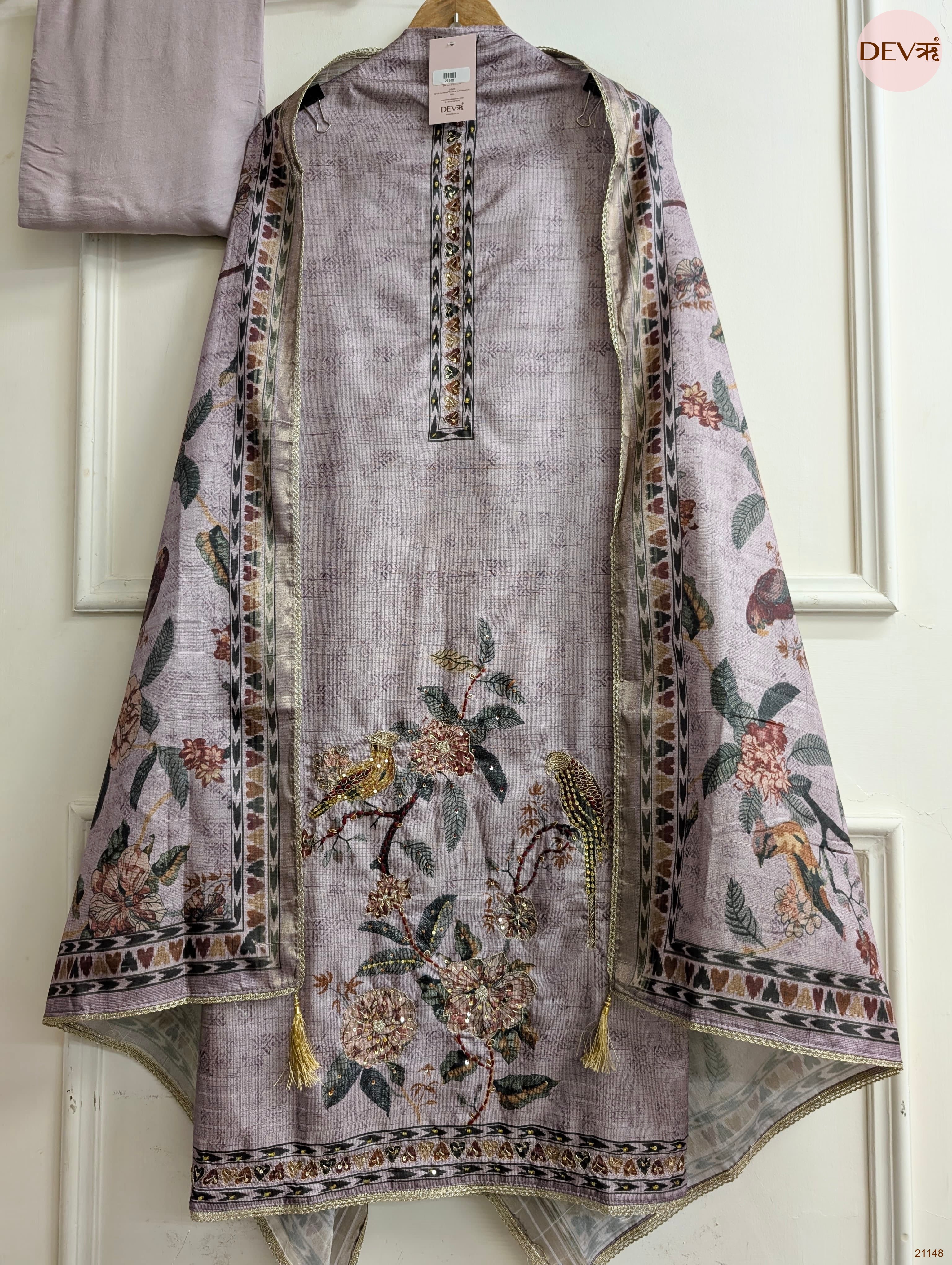 Lavender Mul Chanderi Silk Printed Unstitched 3-Piece Suit (Devri – D.No 21148)