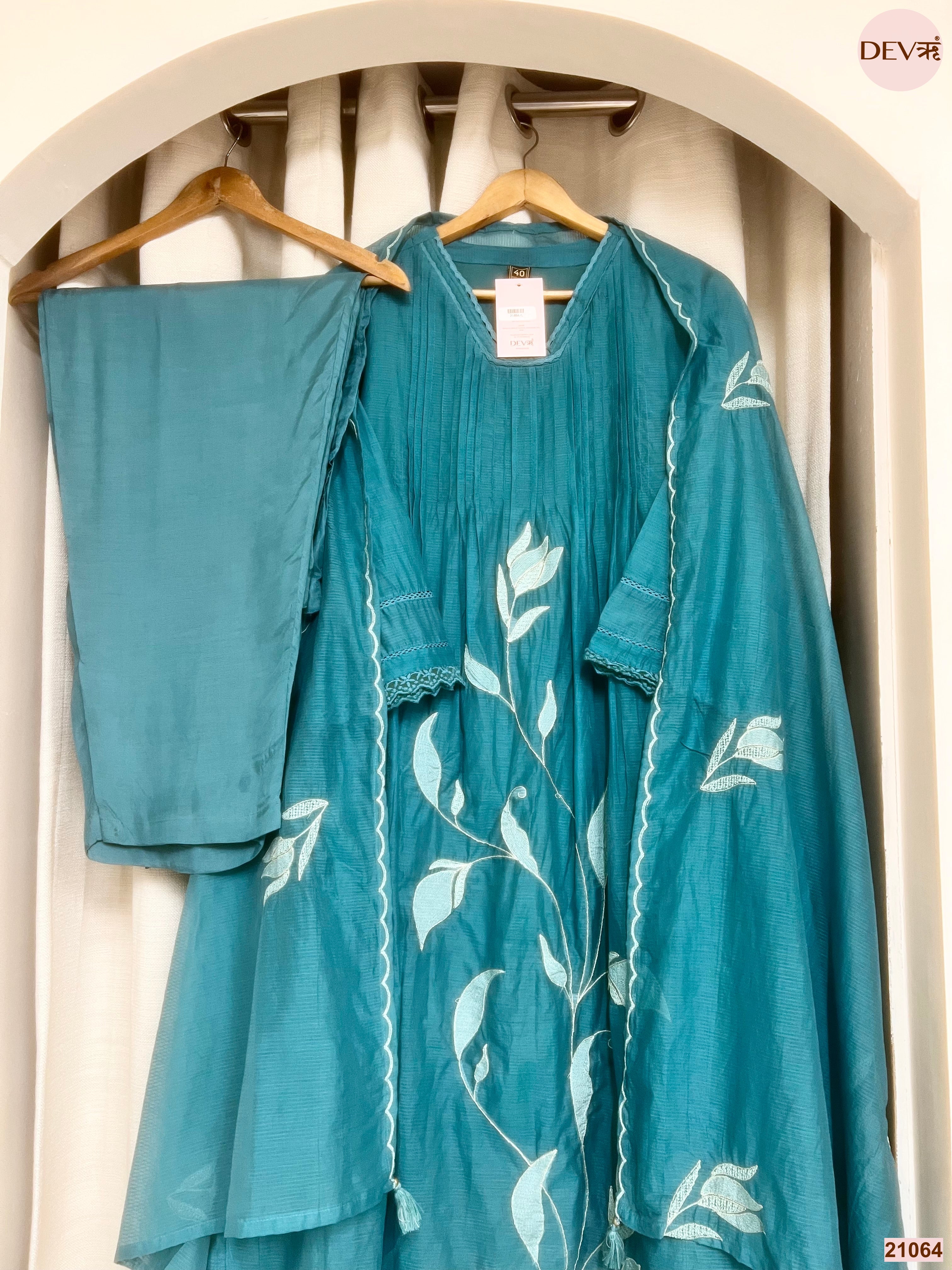 Neelambara Mul cotton Embroidered Teal 3-Piece Set (Devri – D.No 21064)