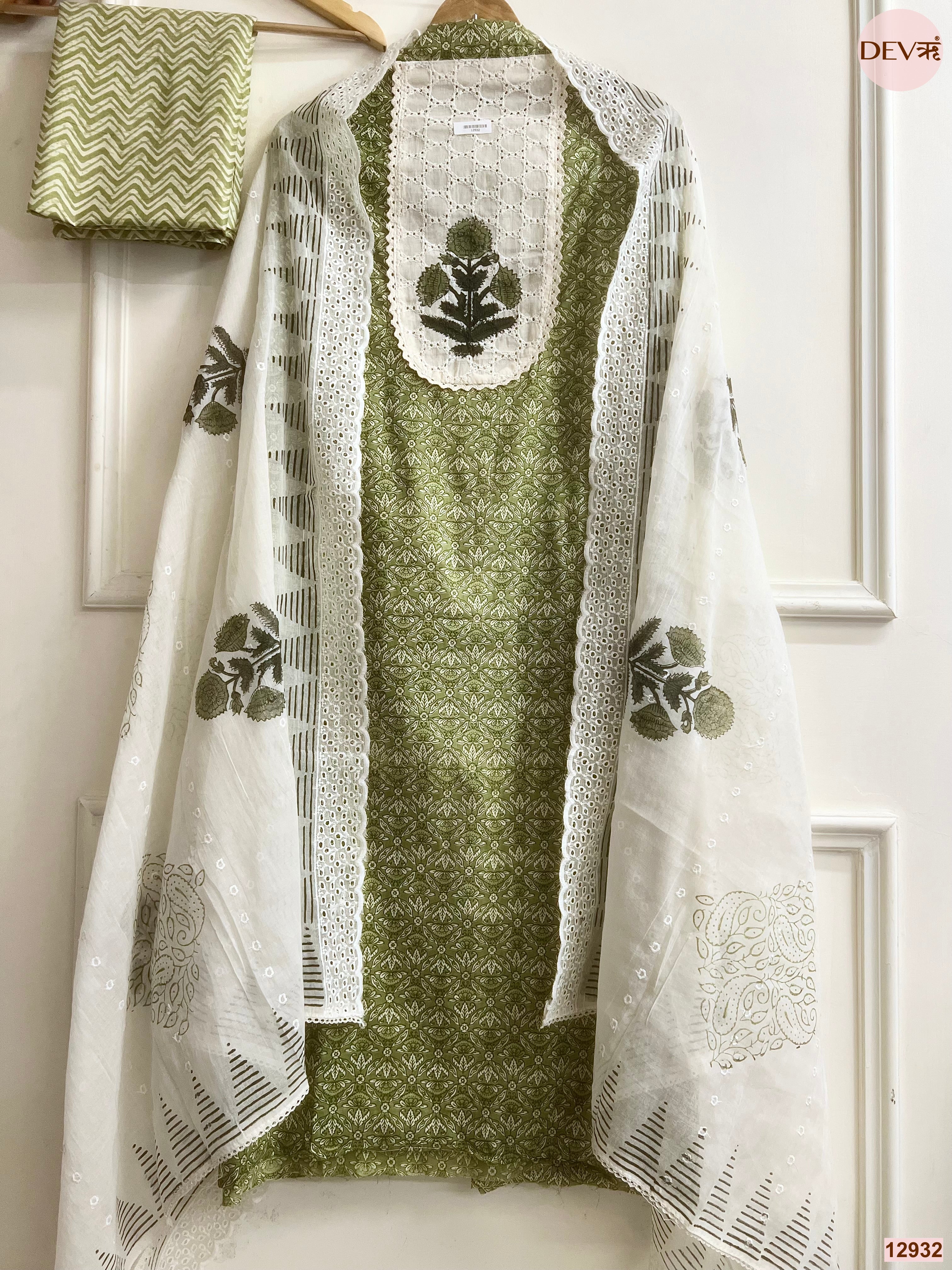 Olive Cotton Printed Unstitched 3-Piece Suit (Devri – D.No 12932)