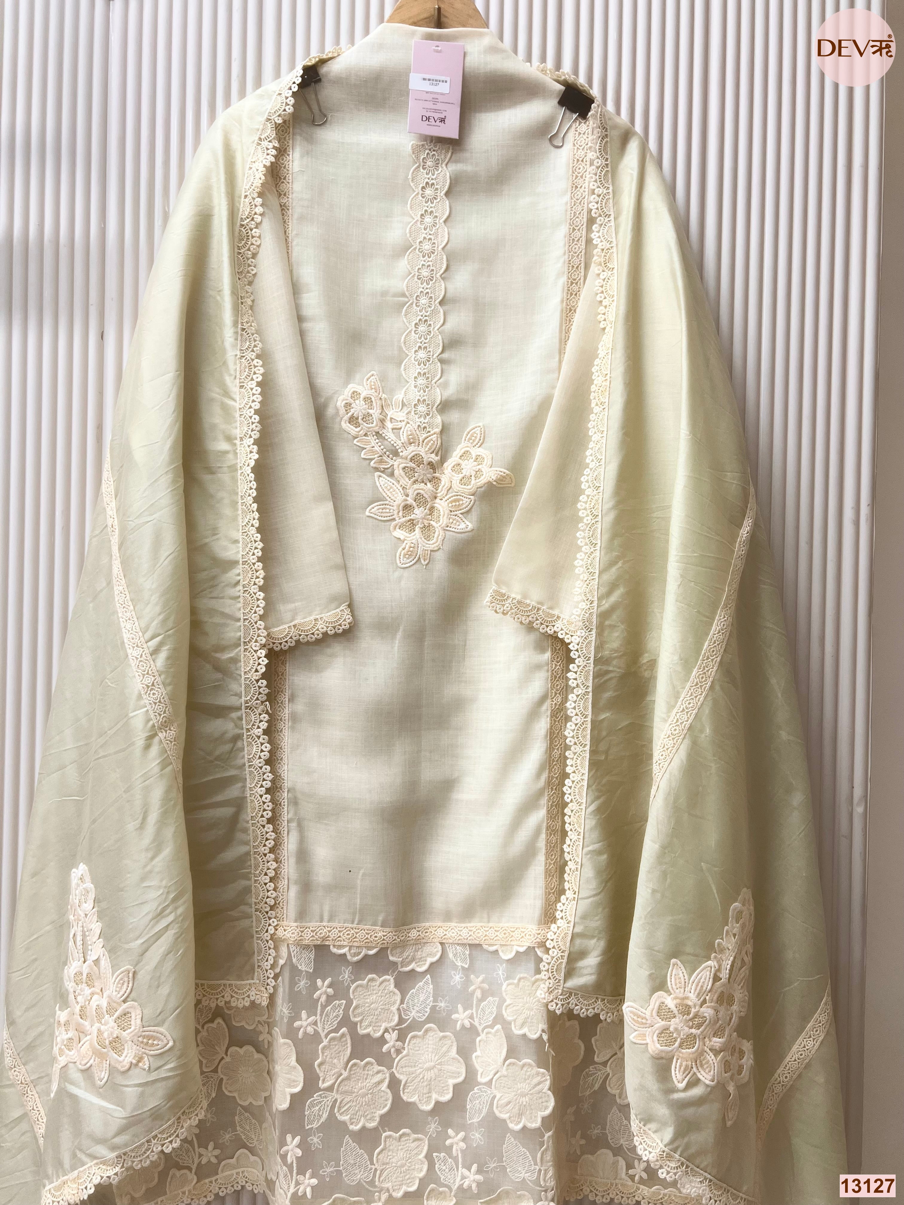 Pista Linen Cotton Embroidered Unstitched 3-Piece Suit (Devri – D.No 13127)