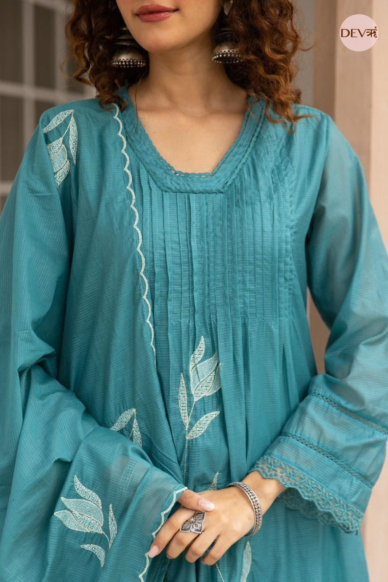 Neelambara Mul cotton Embroidered Teal 3-Piece Set (Devri – D.No 21064)
