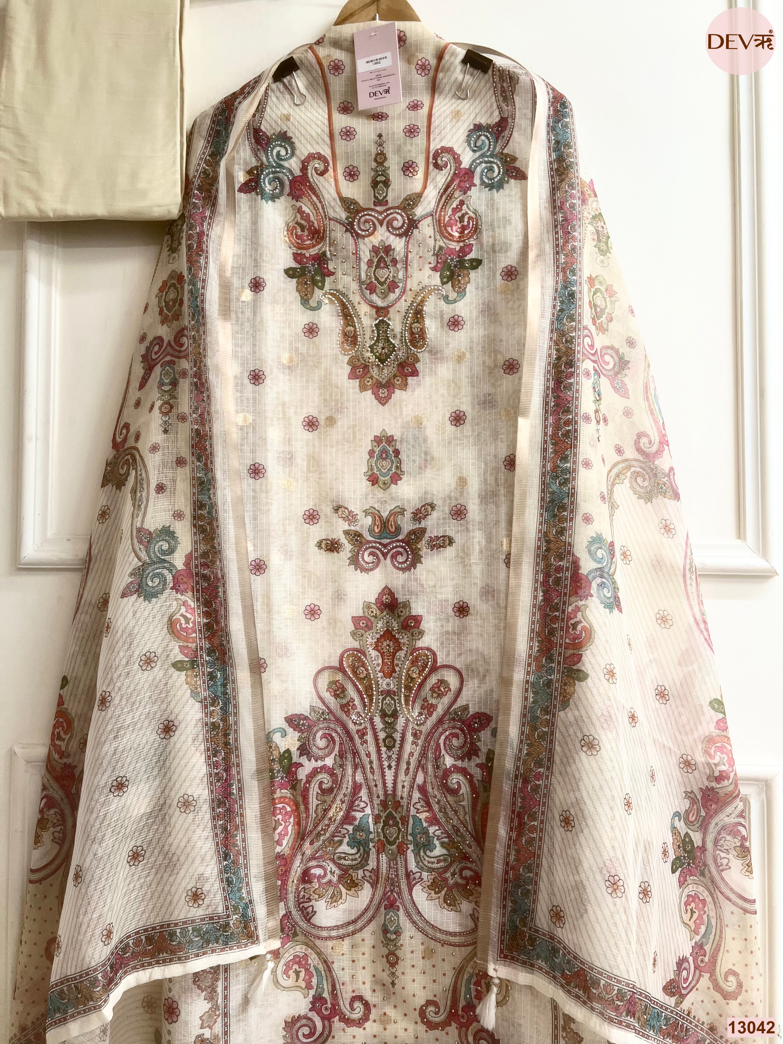 Cream Kota Printed Unstitched 3-Piece Suit (Devri – D.No 13042)