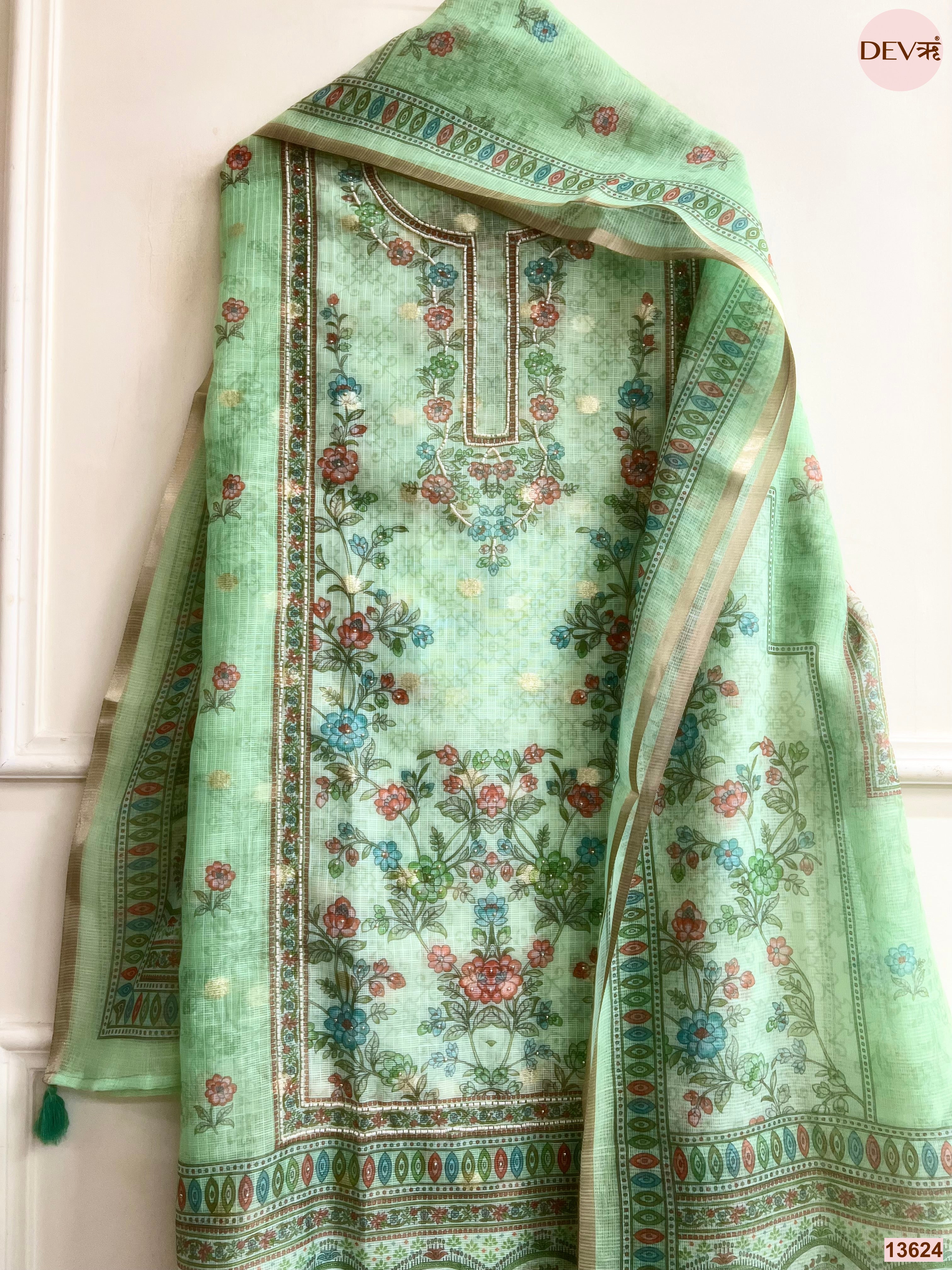 Mint Kota Zari Printed Unstitched 3-Piece Suit (Devri – D.No 13624)