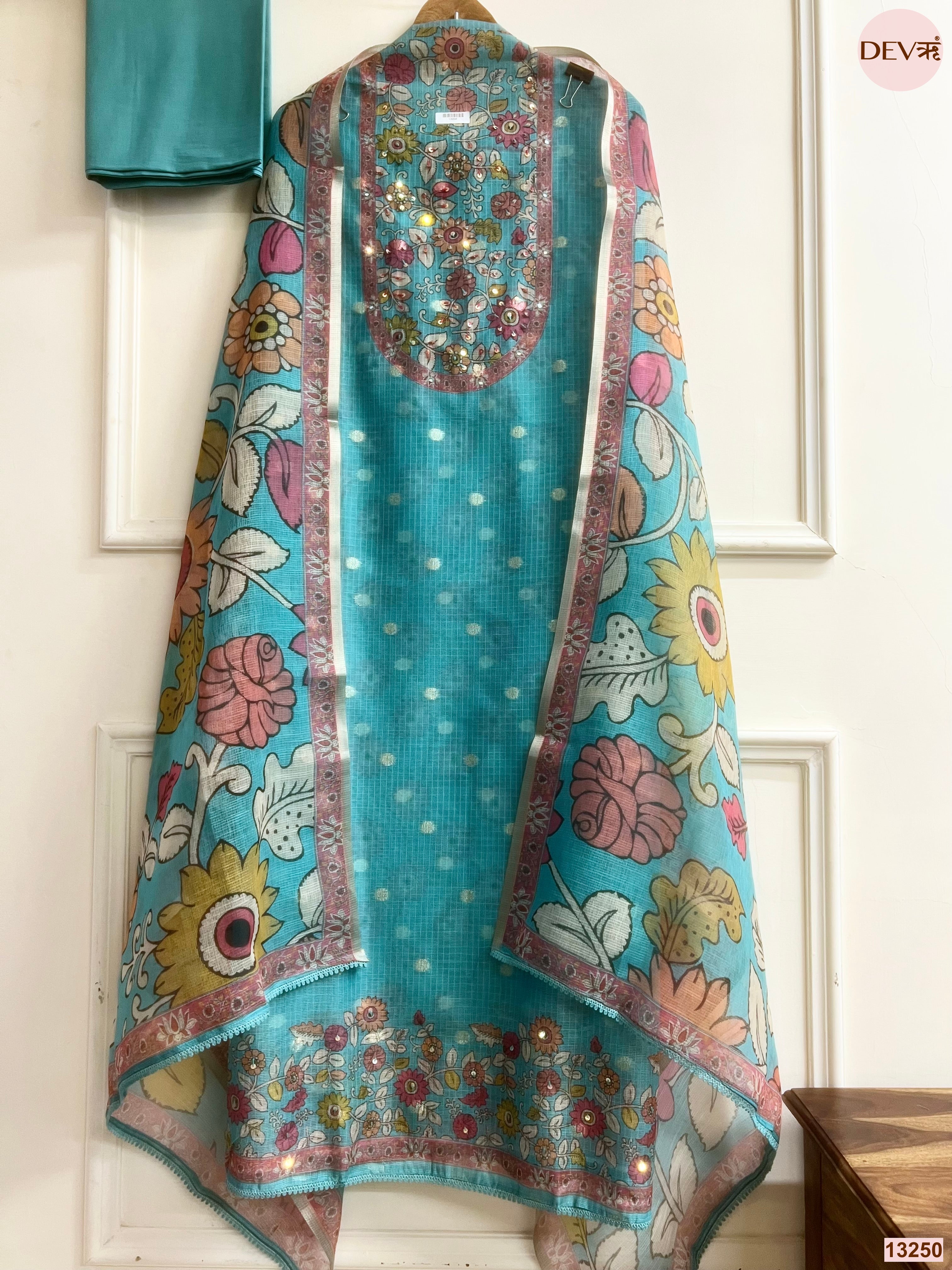 Turquoise Kota Printed Unstitched 3-Piece Suit (Devri – D.No 13250)