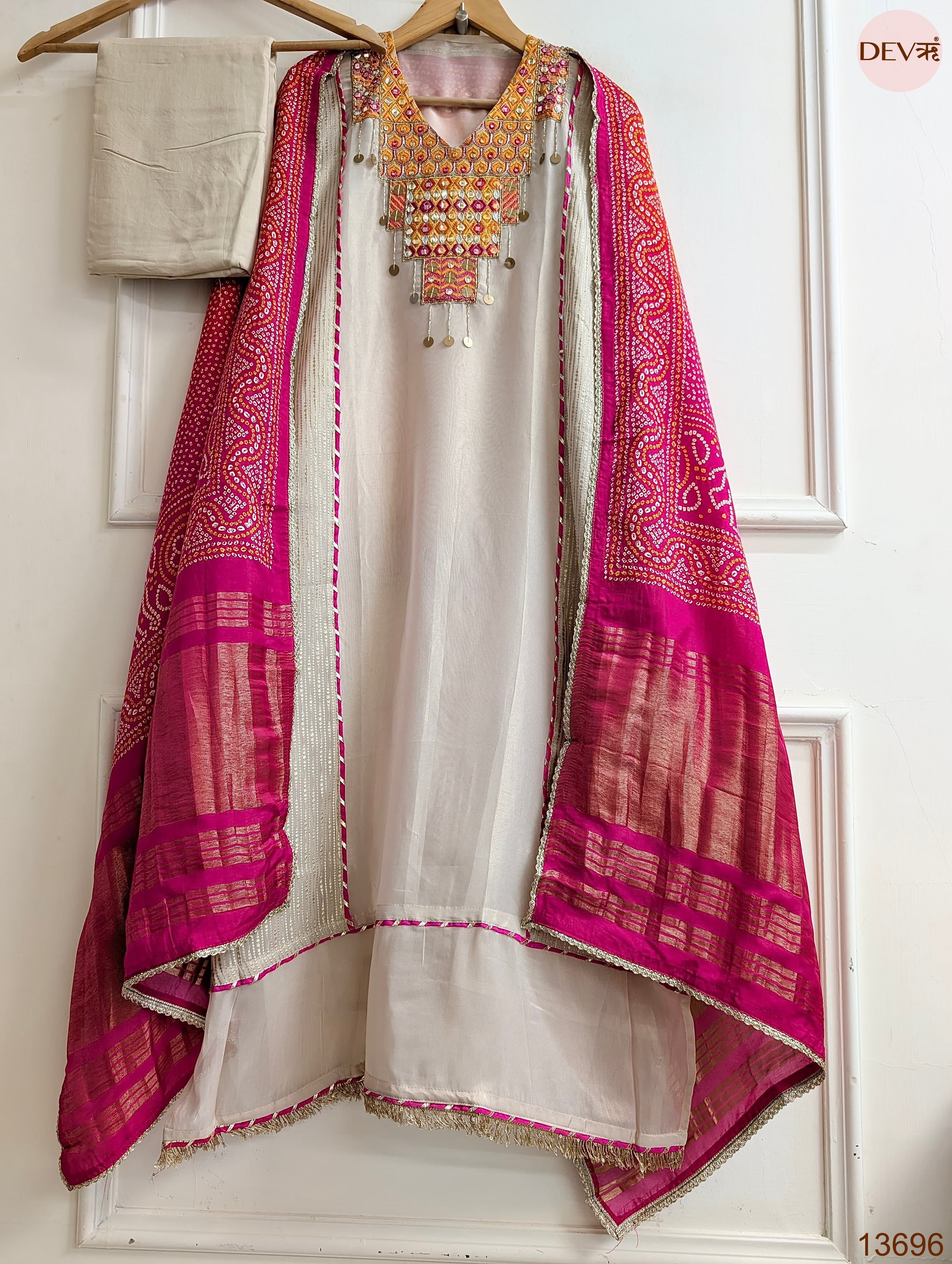 Beige Tissue Silk Hand Unstitched 3-Piece Suit (Devri – D.No 13696)