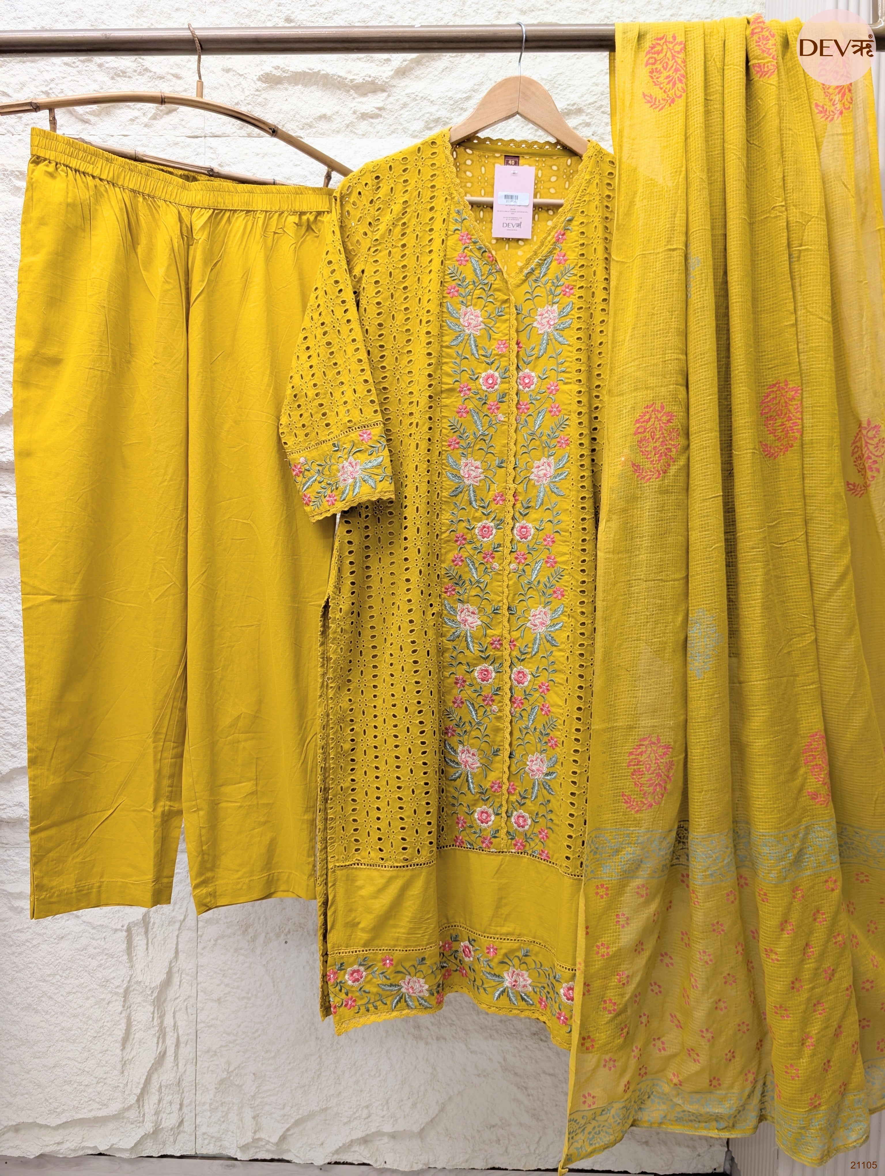 Gulnaar Pure cotton Embroidered Mustard 3-Piece Set (Devri – D.No 21105)