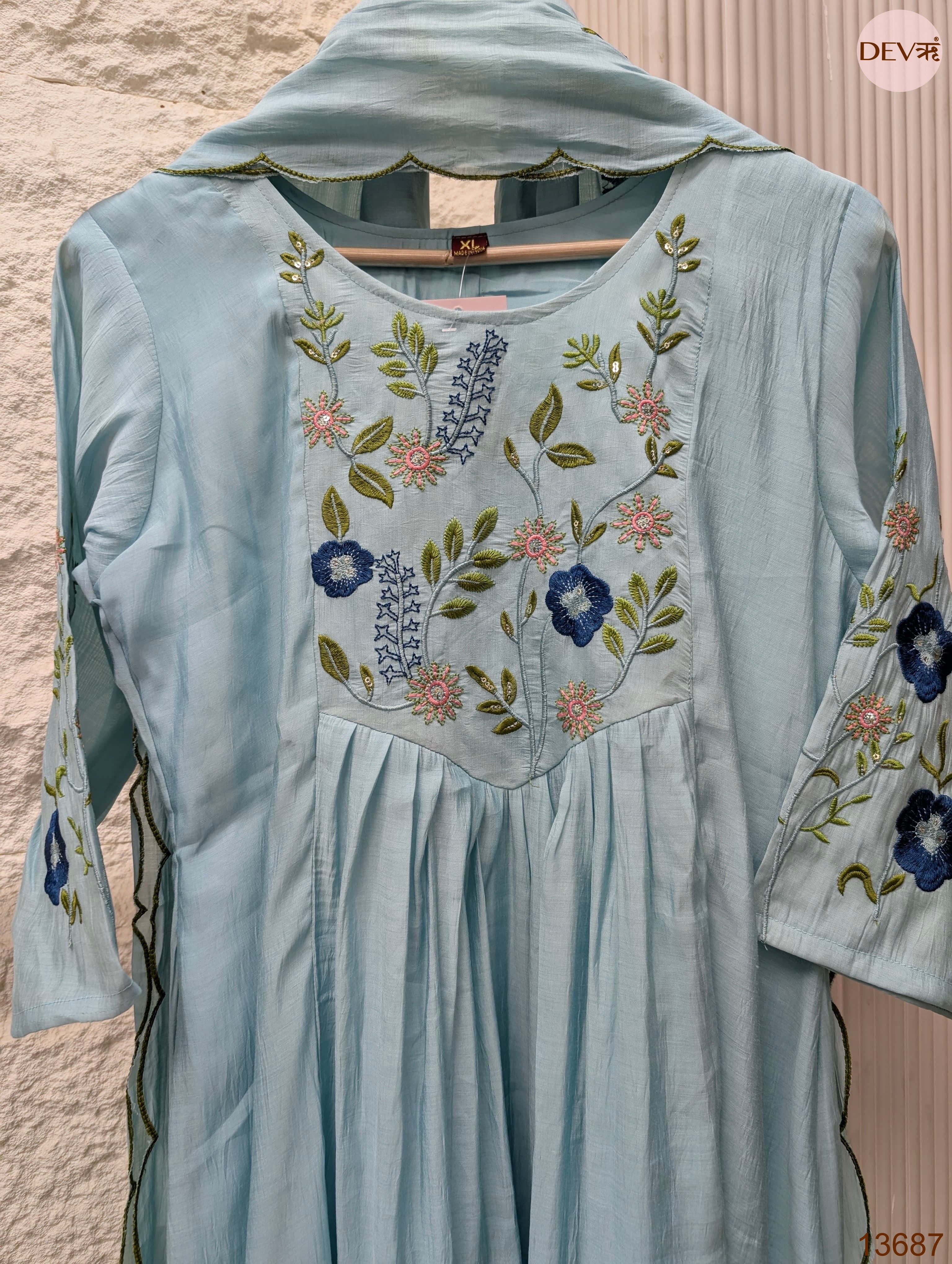 Gulnaar Mul Chanderi Embroidered Sky Blue 3-Piece Set (Devri – D.No 13687)