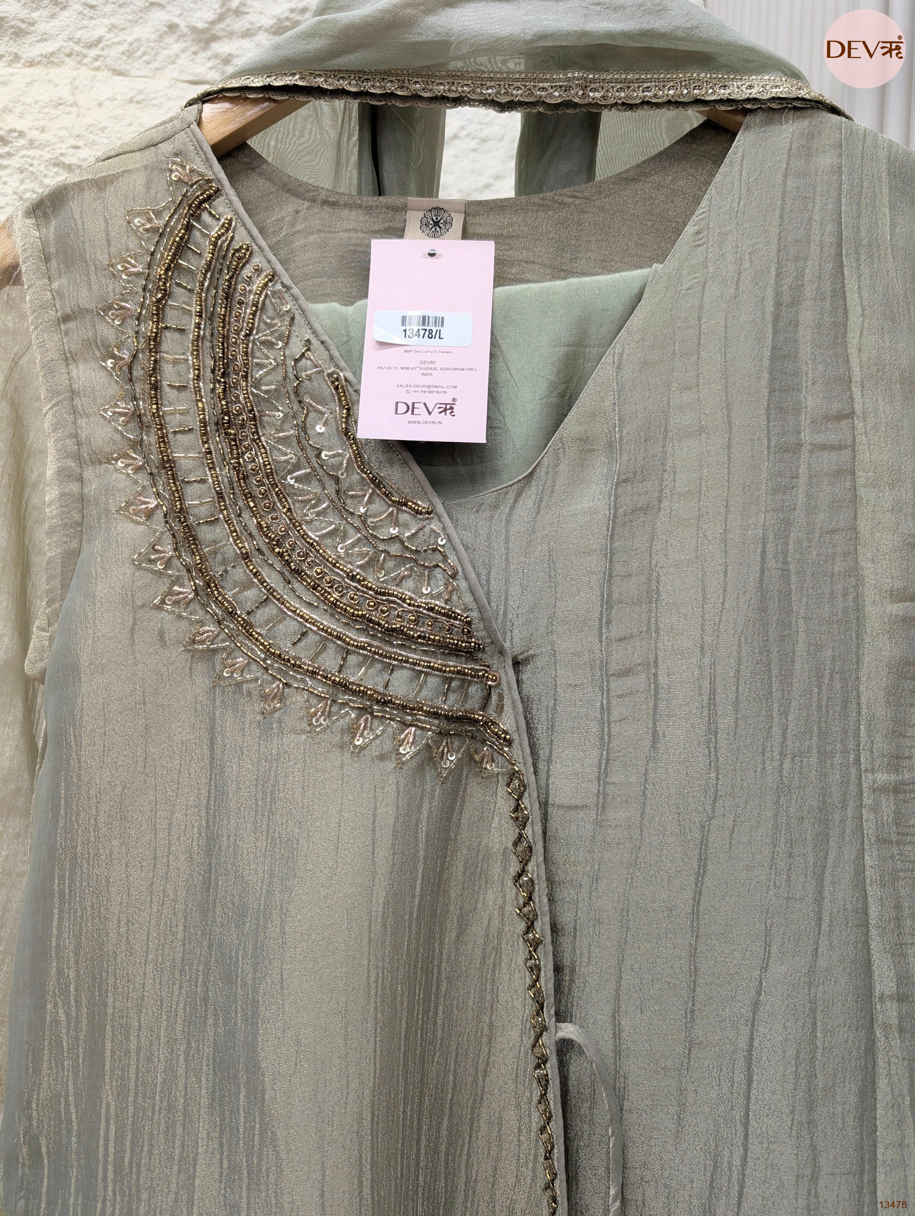 Zarmina Tissue Crush Embroidered Sage Green 3-Piece Set (Devri – D.No 13478)