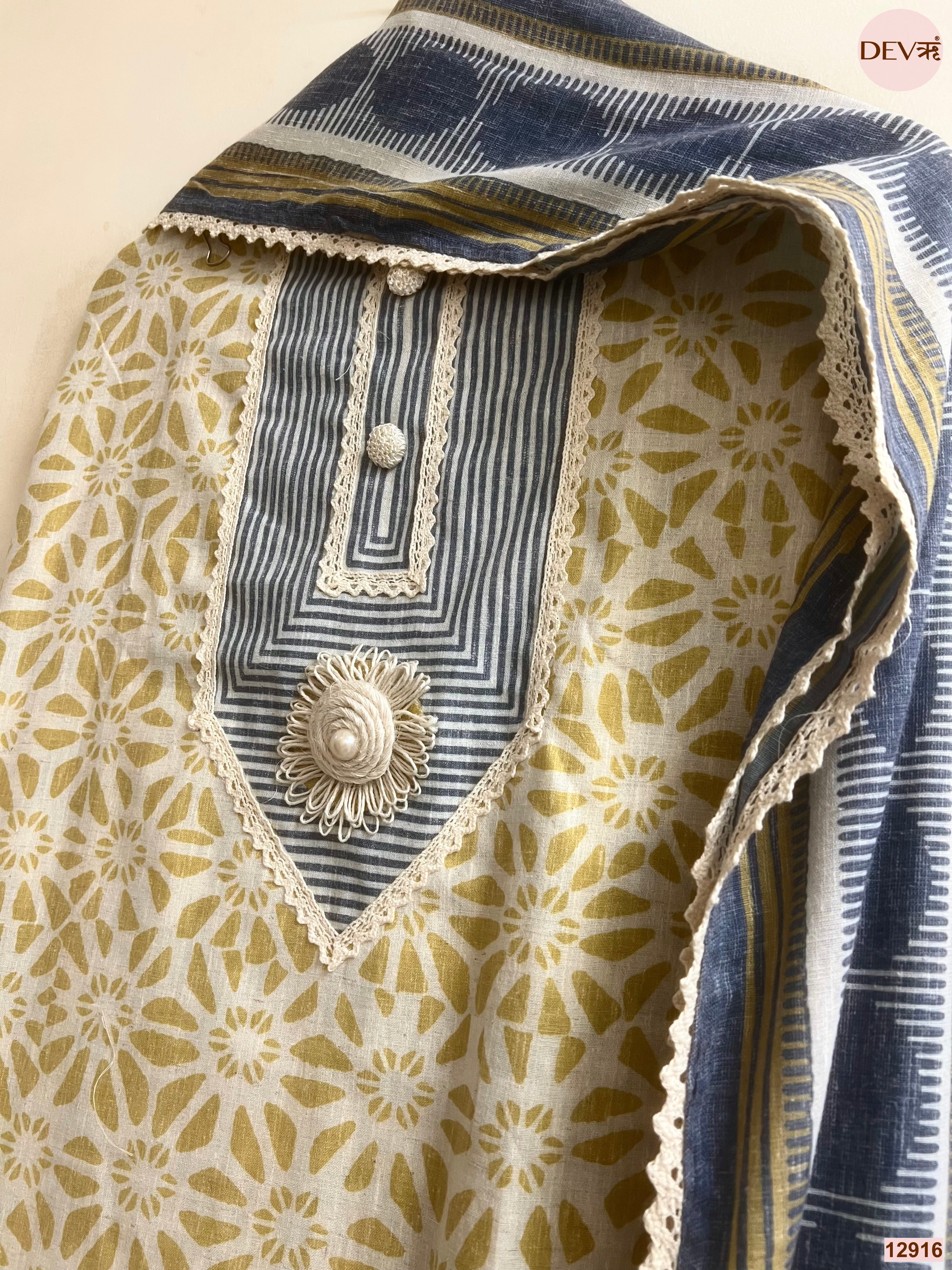 Mustard Cotton Khadi Printed Unstitched 3-Piece Suit (Devri – D.No 12916)