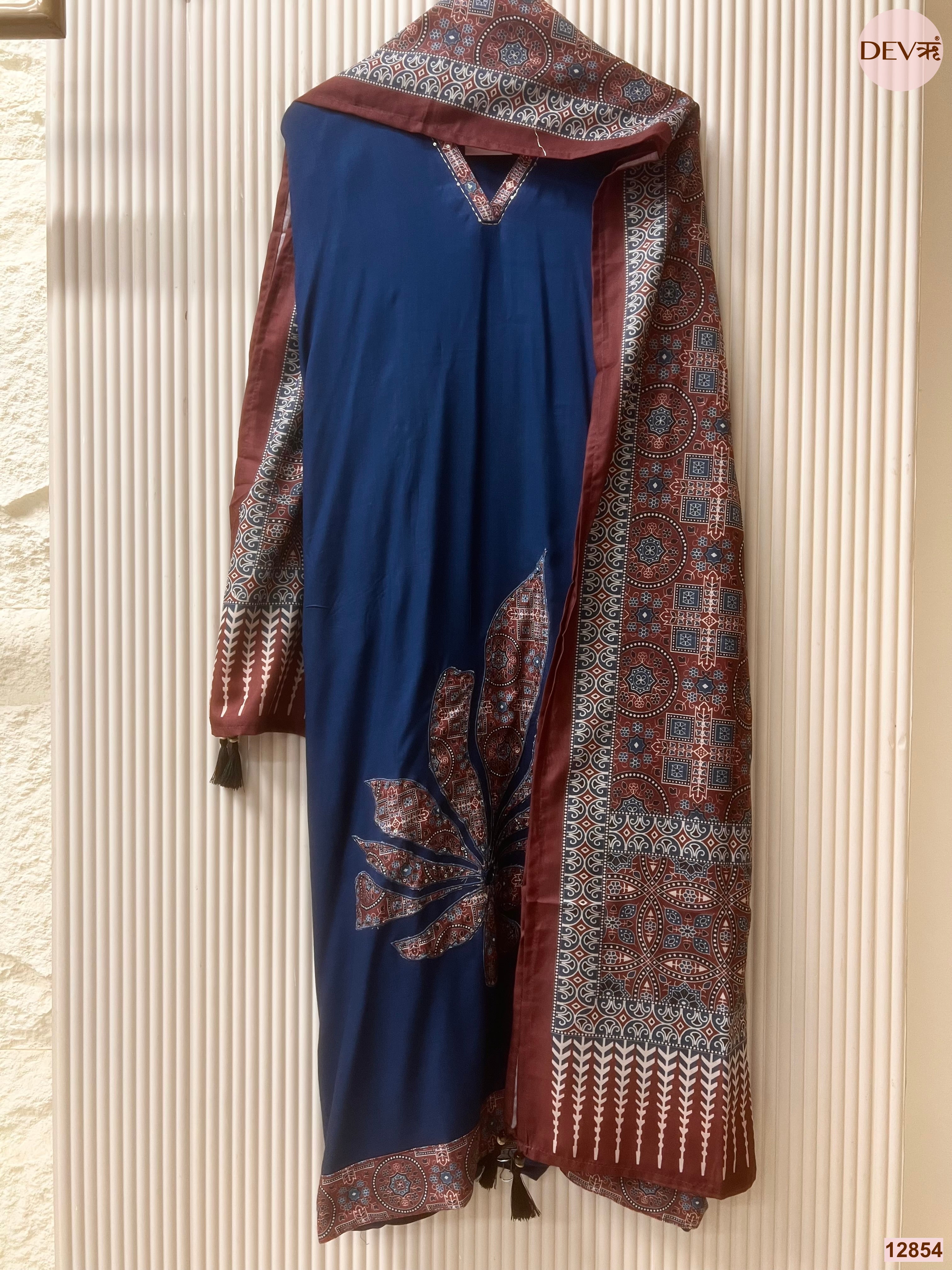Blue Reyon Printed Unstitched 3-Piece Suit (Devri – D.No 12854)