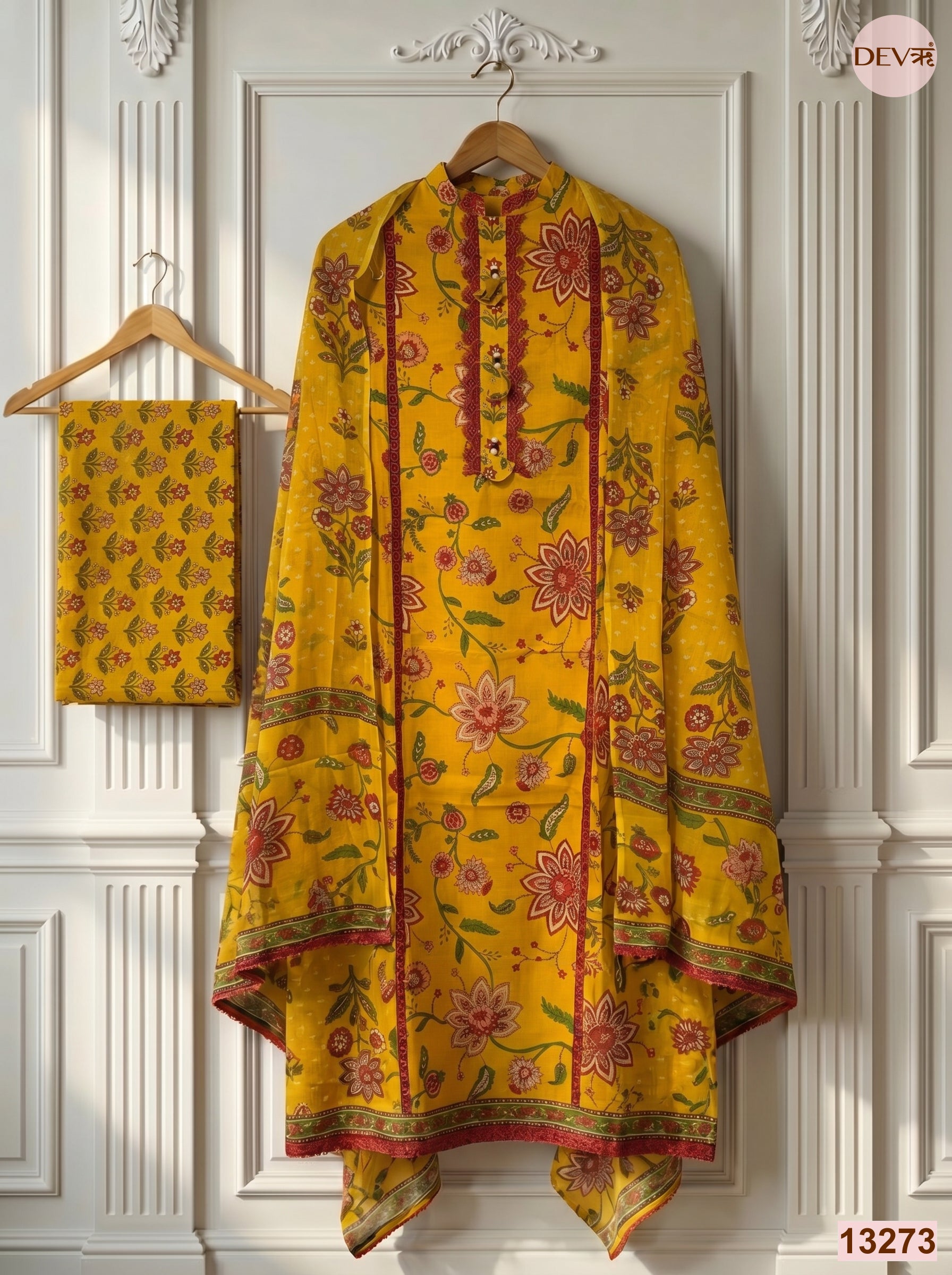 Yellow Cotton Printed Unstitched 3-Piece Suit (Devri – D.No 13273)