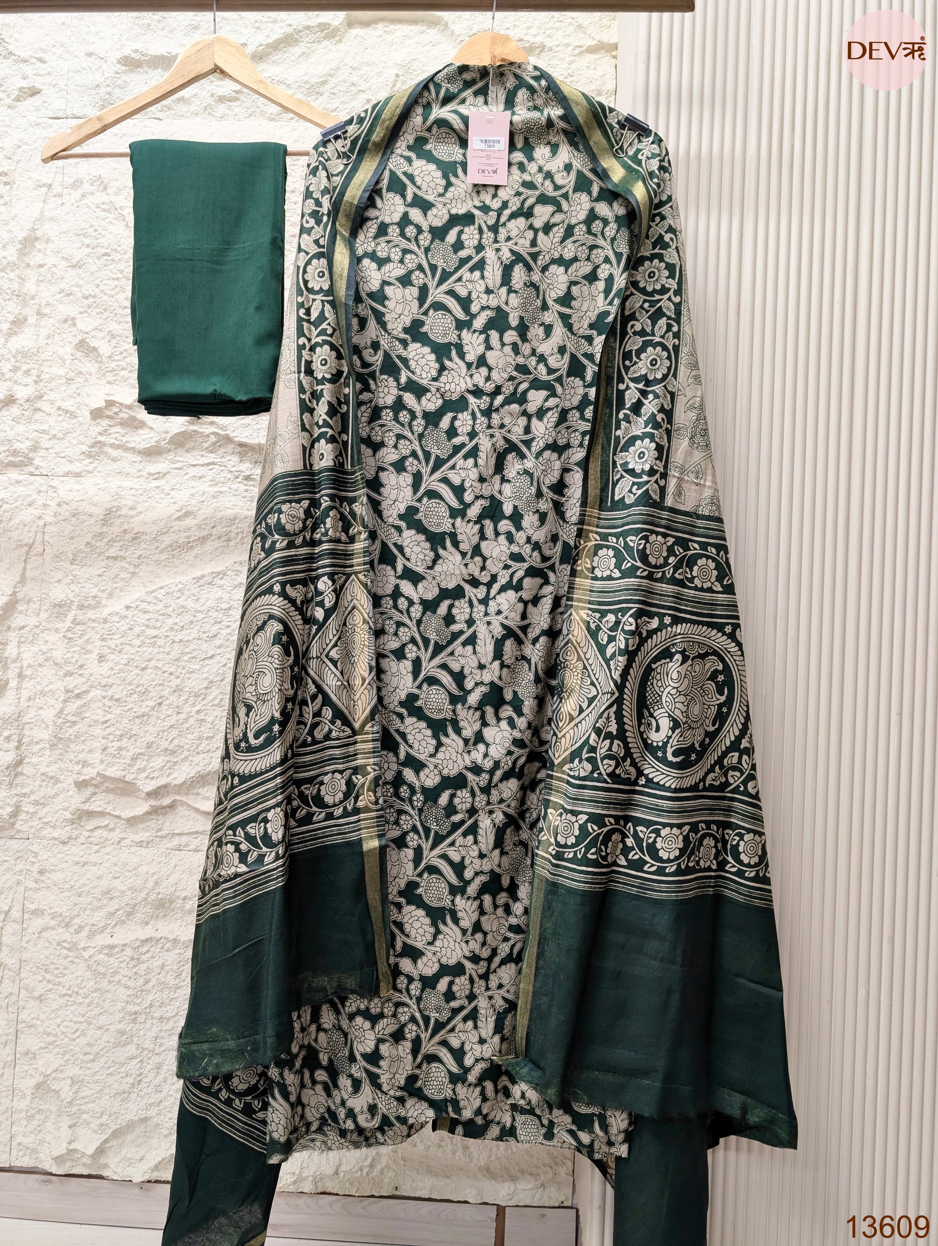 Green Maheshwari Silk Printed Unstitched 3-Piece Suit (Devri – D.No 13609)