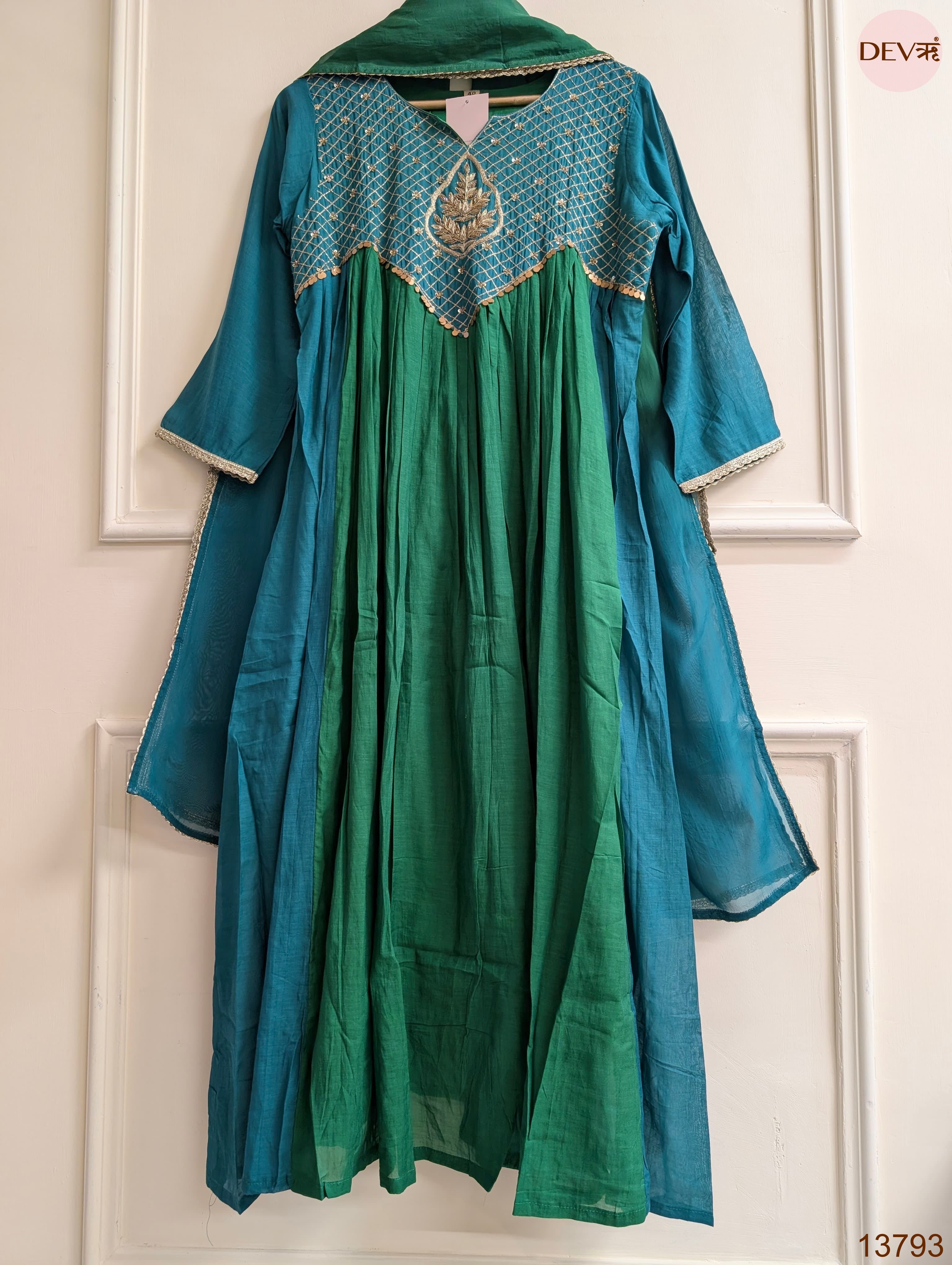 Zarmina Mul Chanderi Embroidered Teal Green 3-Piece Set (Devri – D.No 13793)