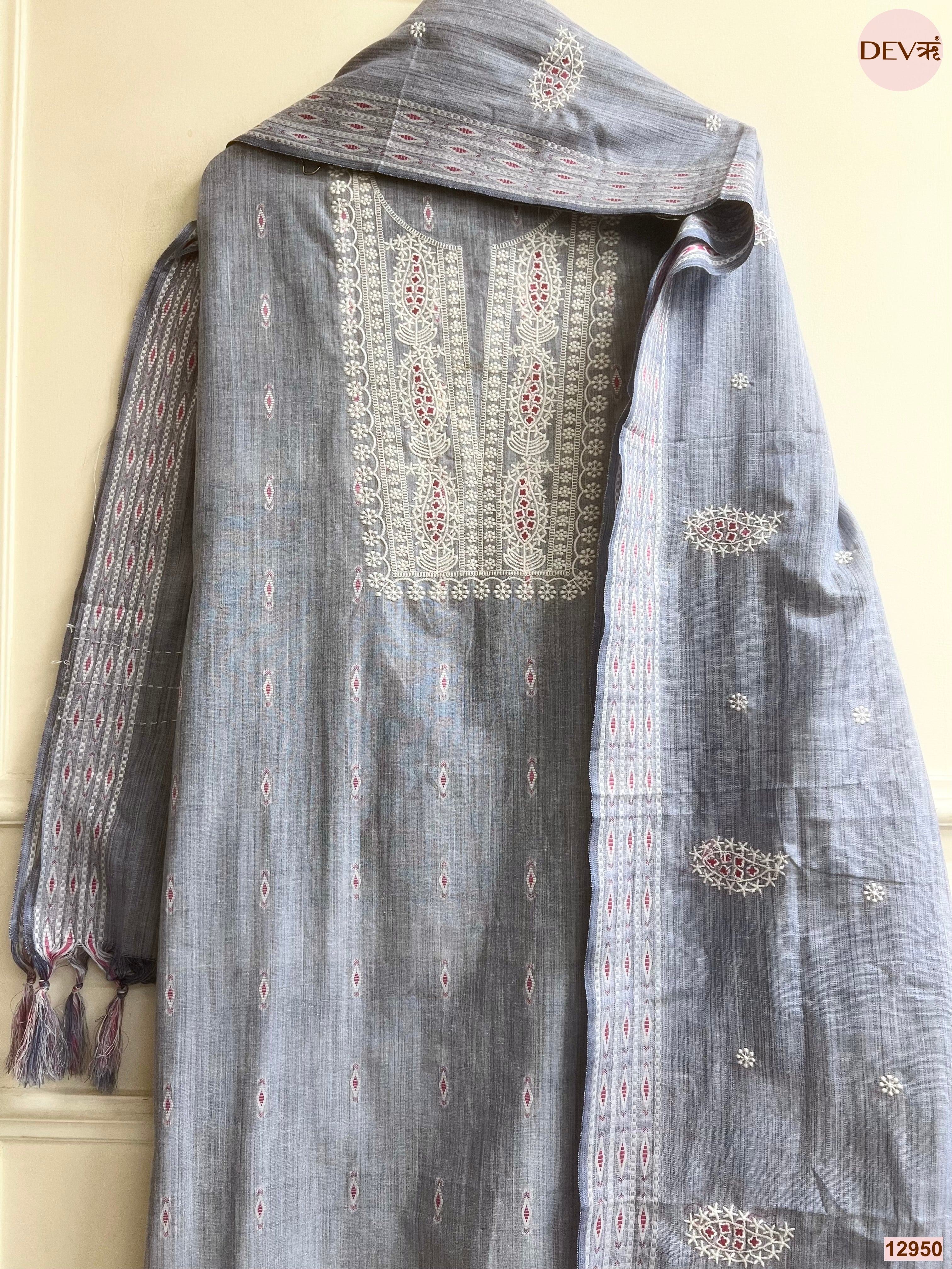 Grey Cotton Handloom Embroidered Unstitched 3-Piece Suit (Devri – D.No 12950)