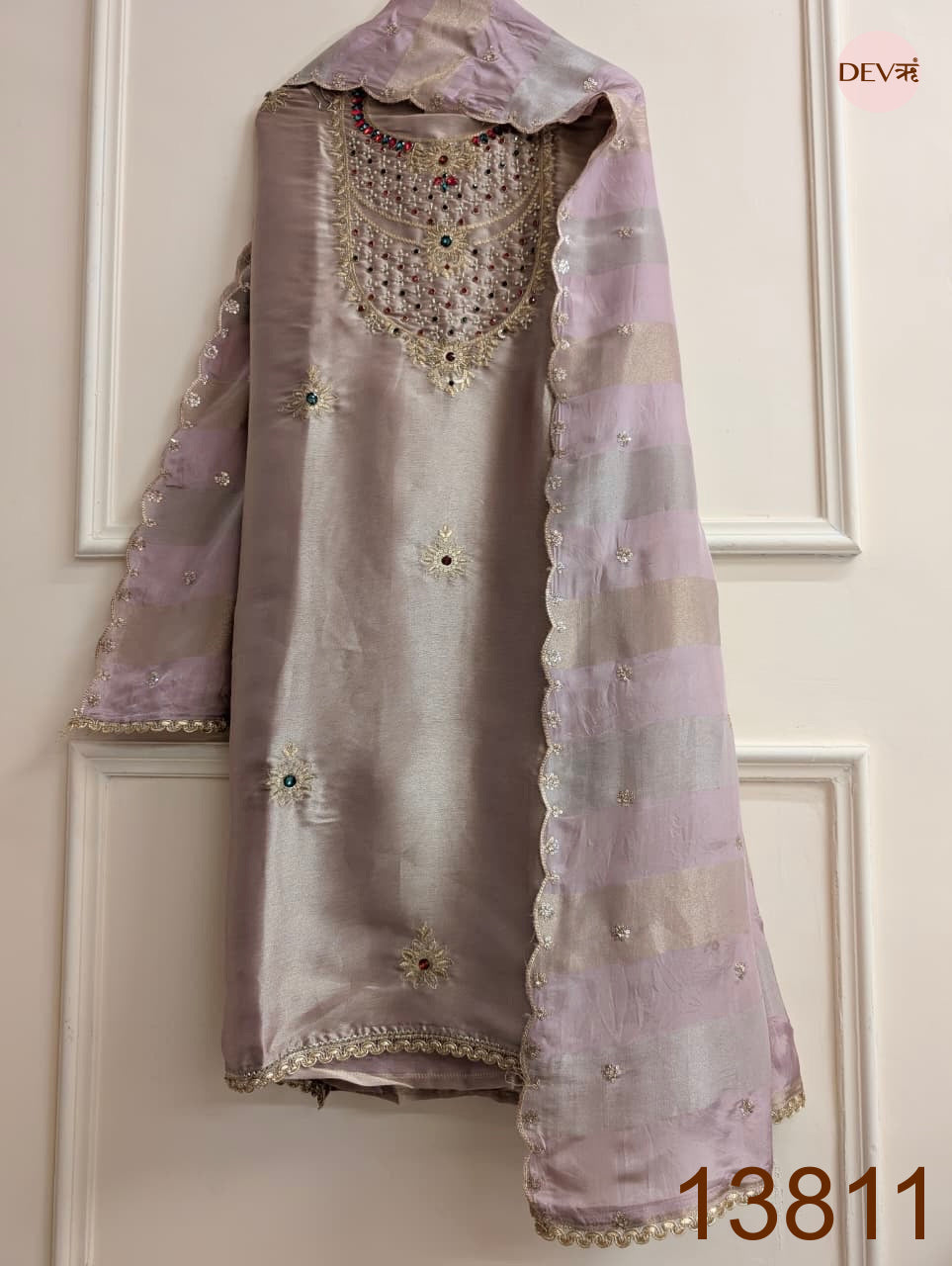 Lavender Pure Tissue Giraffe Silk Embroidered Unstitched 3-Piece Suit (Devri – D.No 13811)