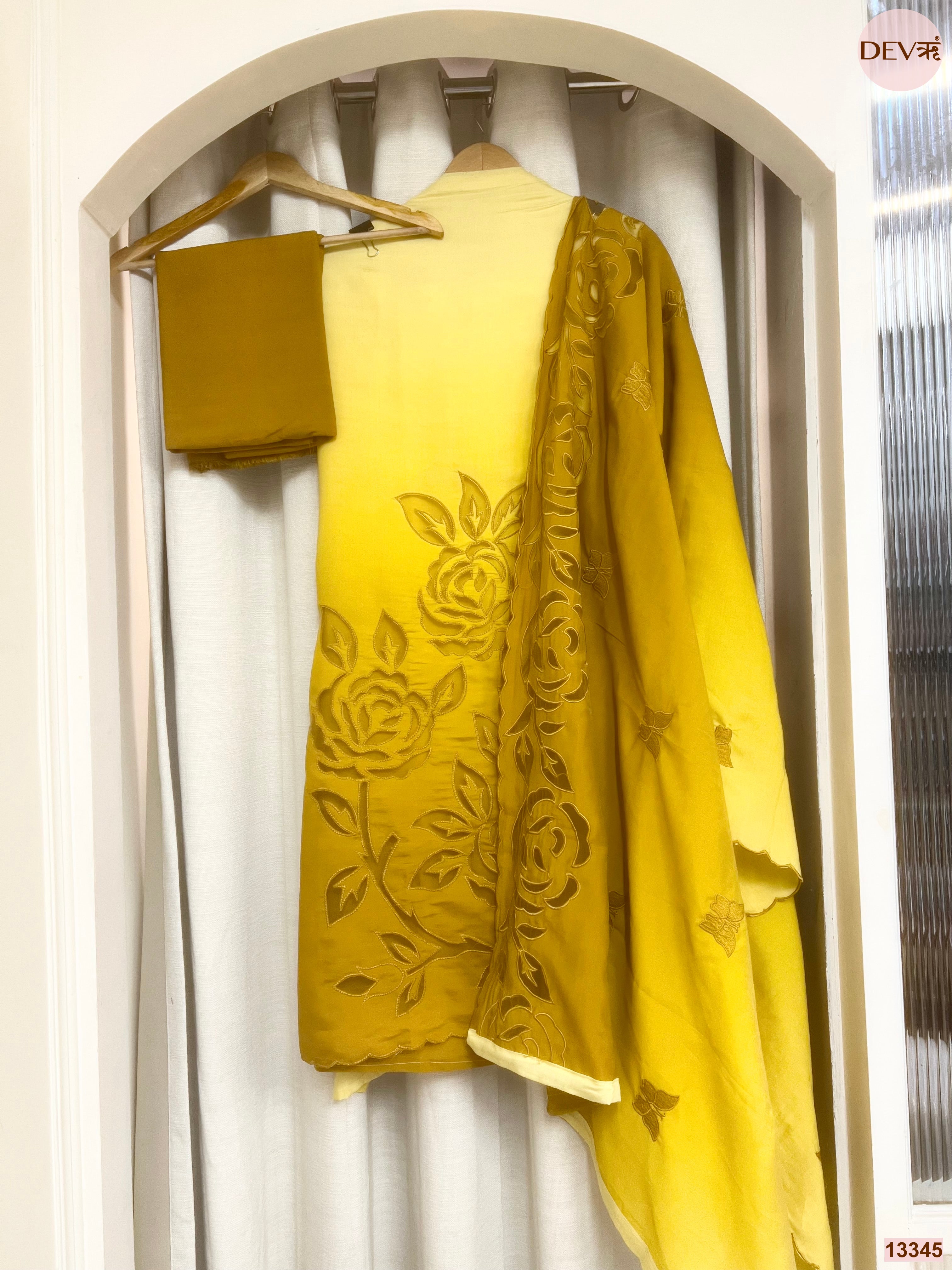Yellow Mul Chanderi Embroidered Unstitched 3-Piece Suit (Devri – D.No 13345)