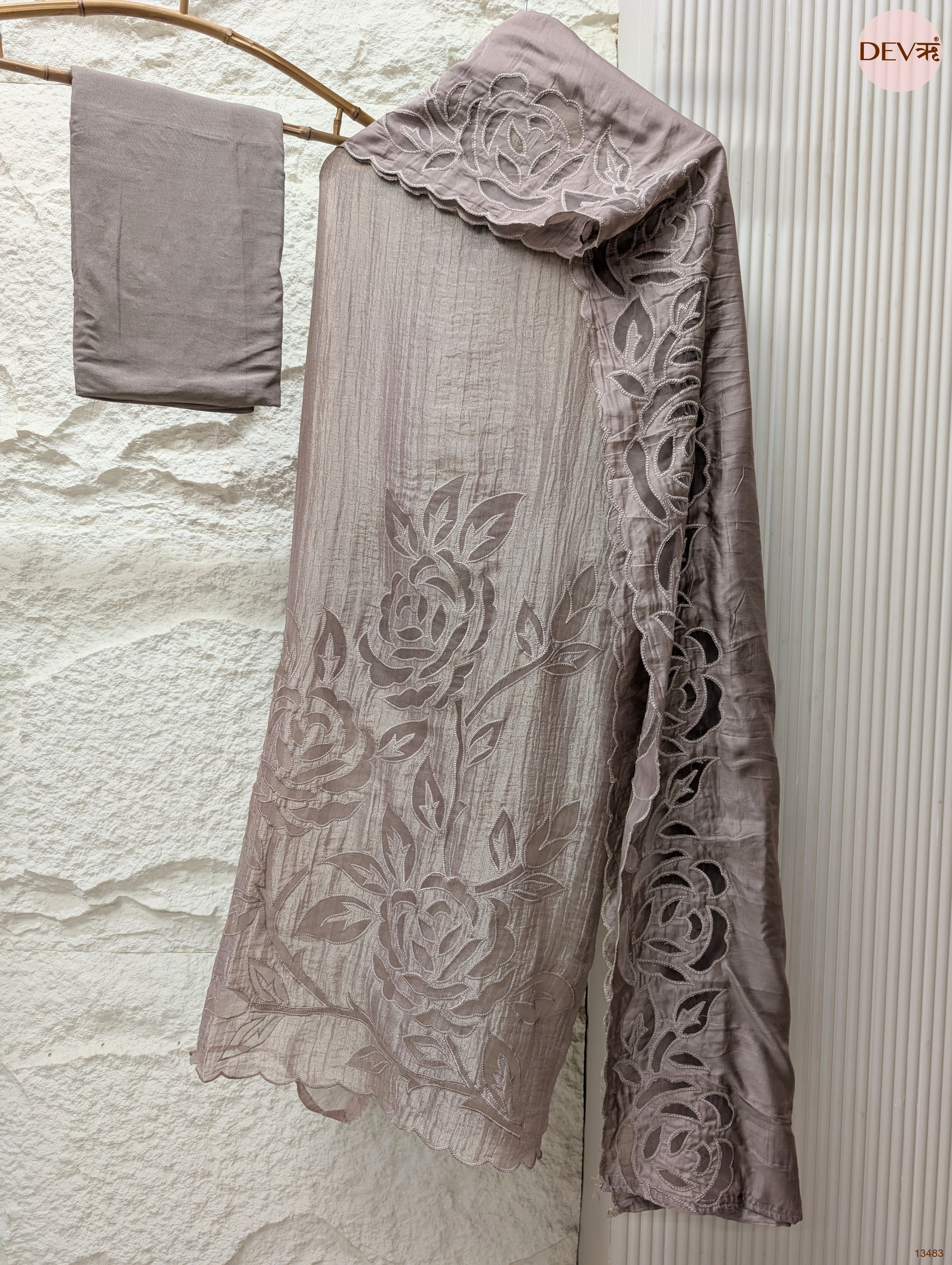 Taupe Tissue Crush Silk Chanderi Embroidered Unstitched 3-Piece Suit (Devri – D.No 13483)