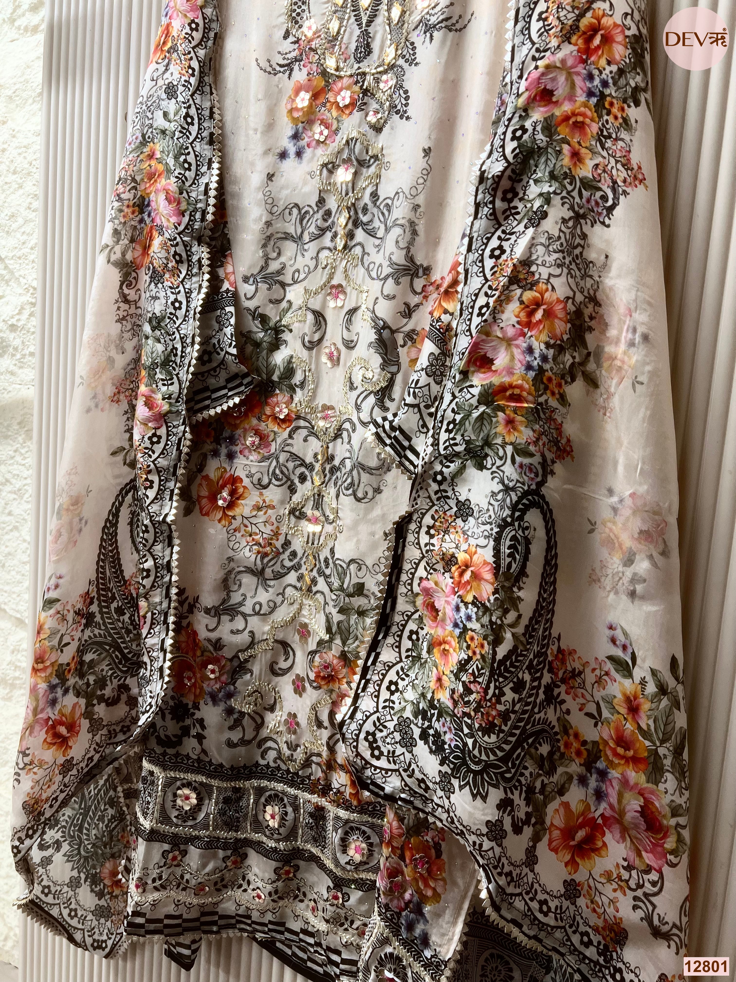 White Glass organza Silk Printed Unstitched 3-Piece Suit (Devri – D.No 12801)