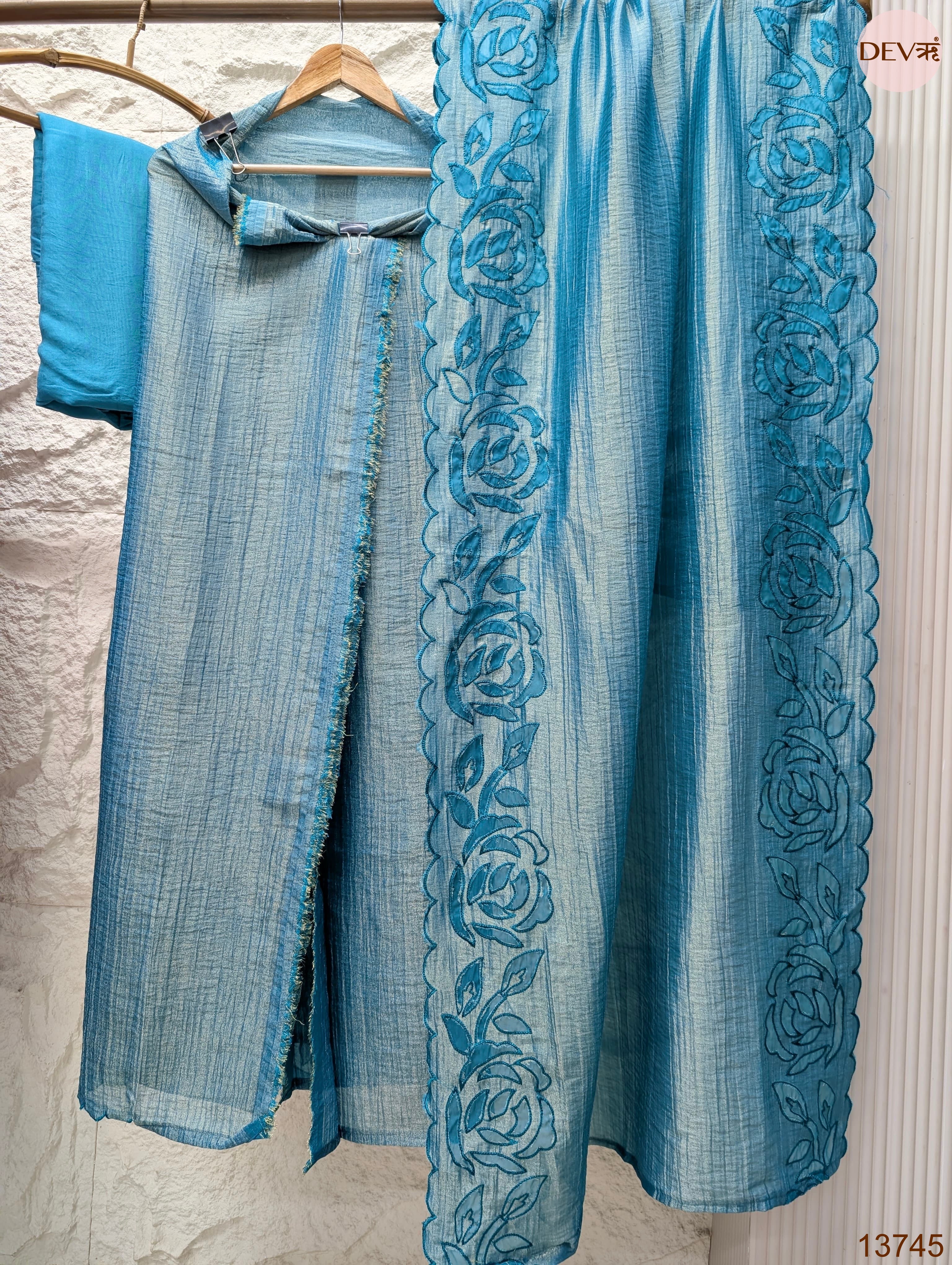 Blue Tissue Crush Silk Embroidered Unstitched 3-Piece Suit (Devri – D.No 13745)