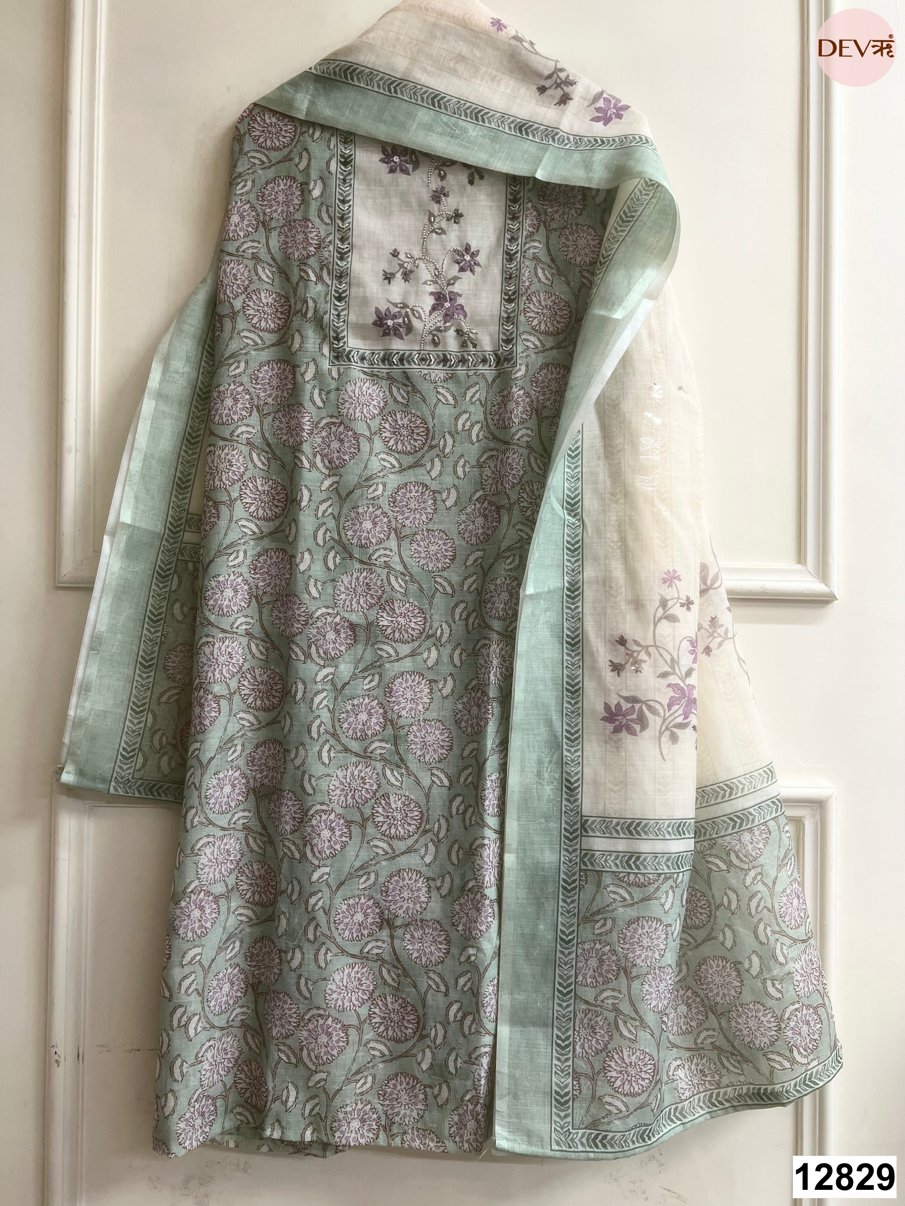 Sage Green Linen Cotton Printed Unstitched 3-Piece Suit (Devri – D.No 12829)