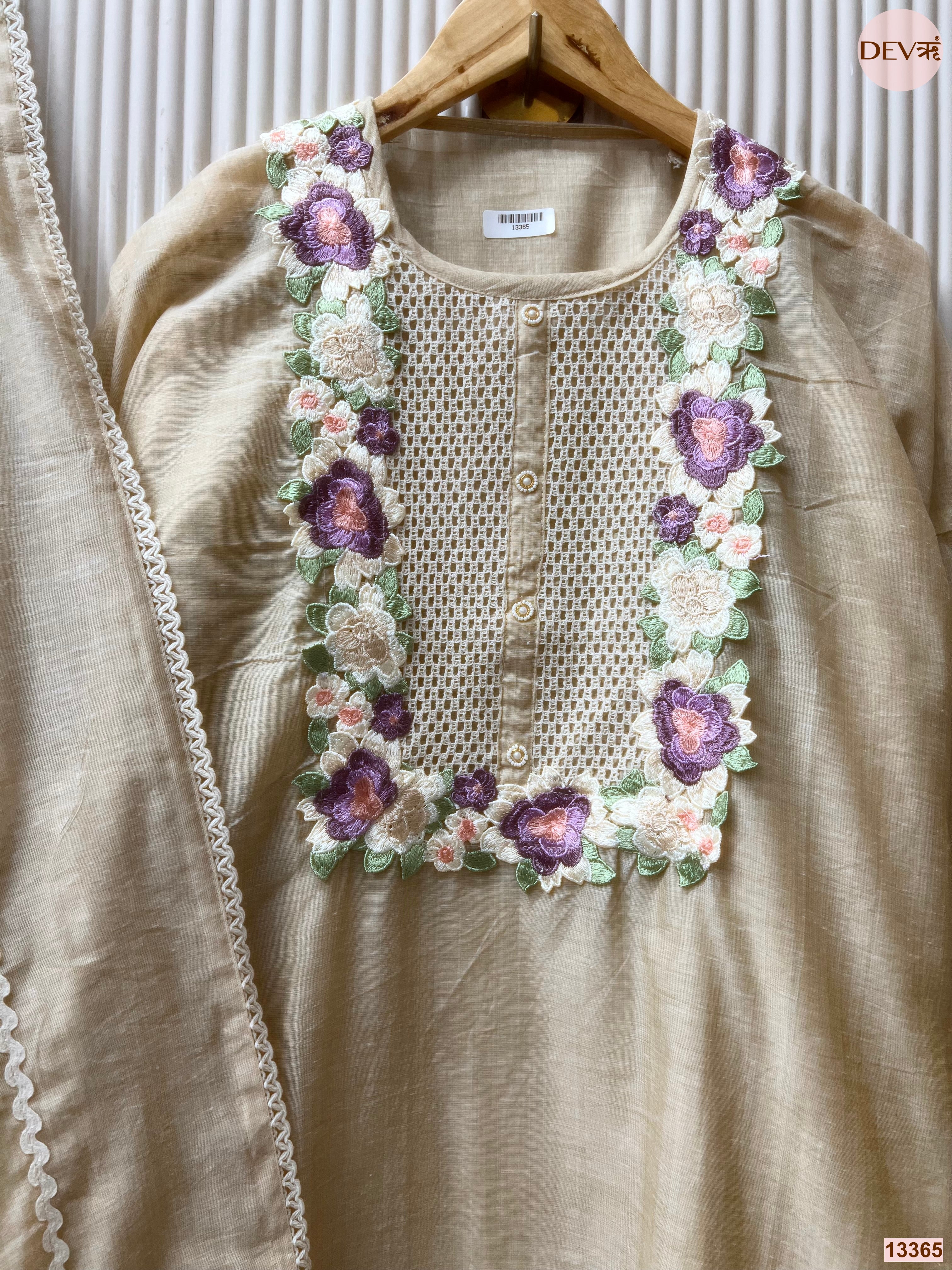 Beige Mul Chanderi Embroidered Unstitched 3-Piece Suit (Devri – D.No 13365)