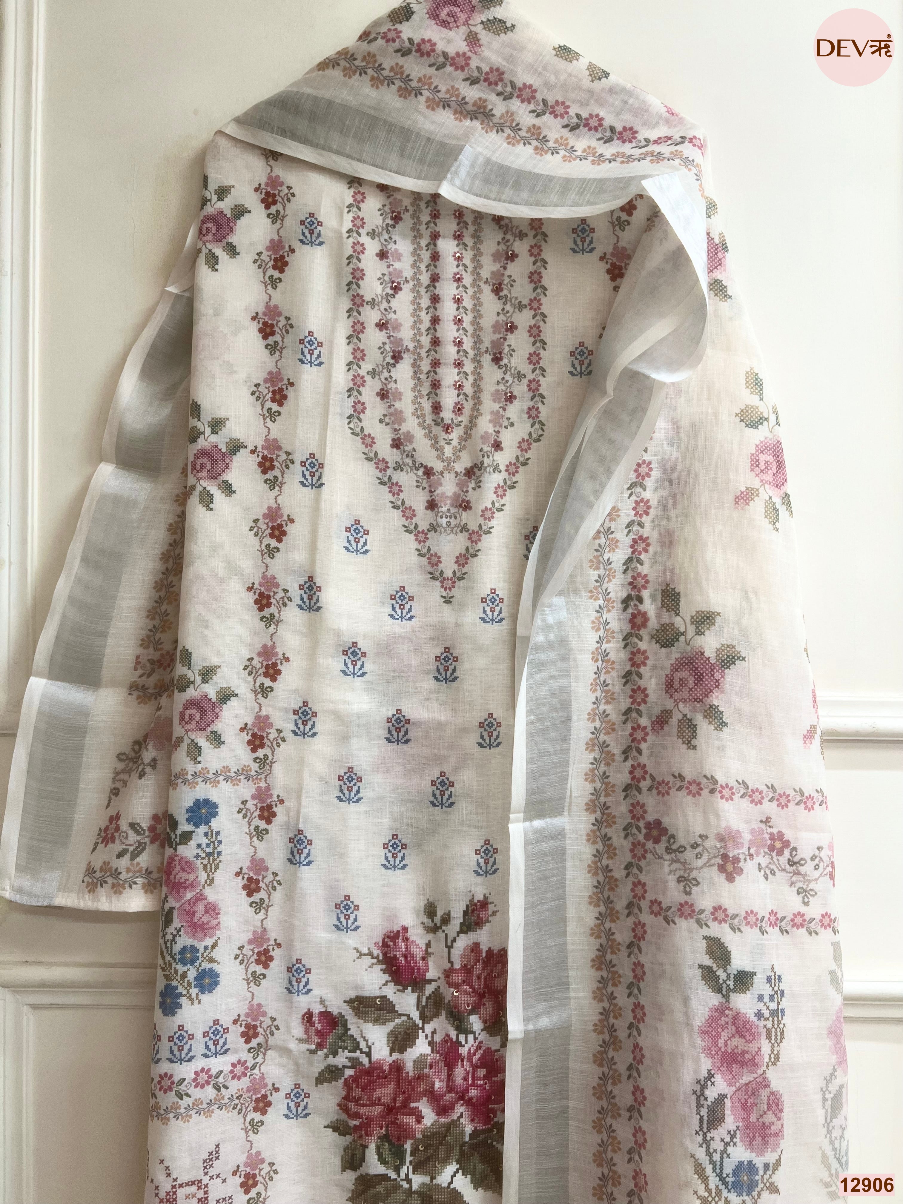 Cream Linen Printed Unstitched 3-Piece Suit (Devri – D.No 12906)