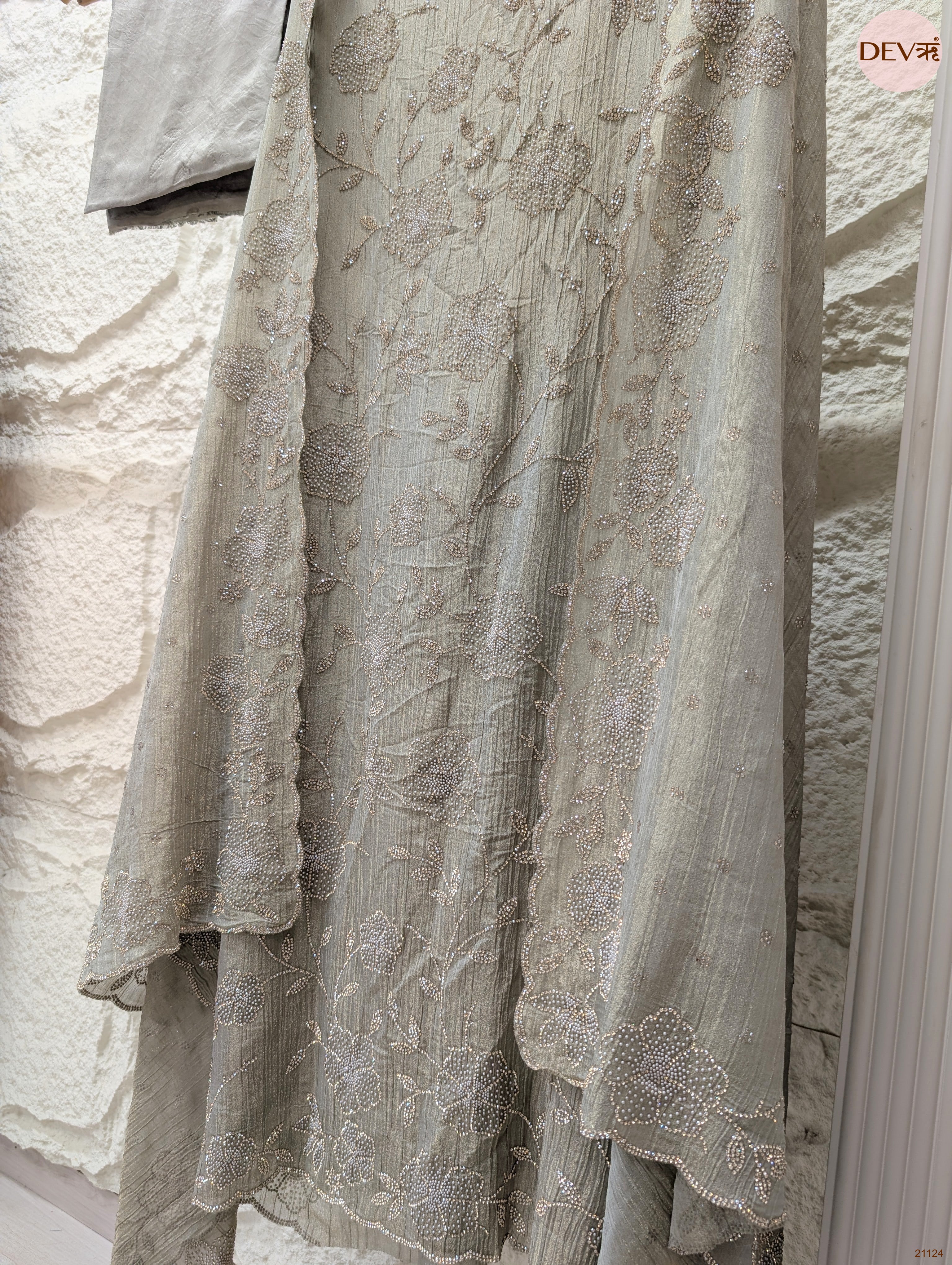 Grey Pure Tissue Crush Silk Embroidered Unstitched 3-Piece Suit (Devri – D.No 21124)
