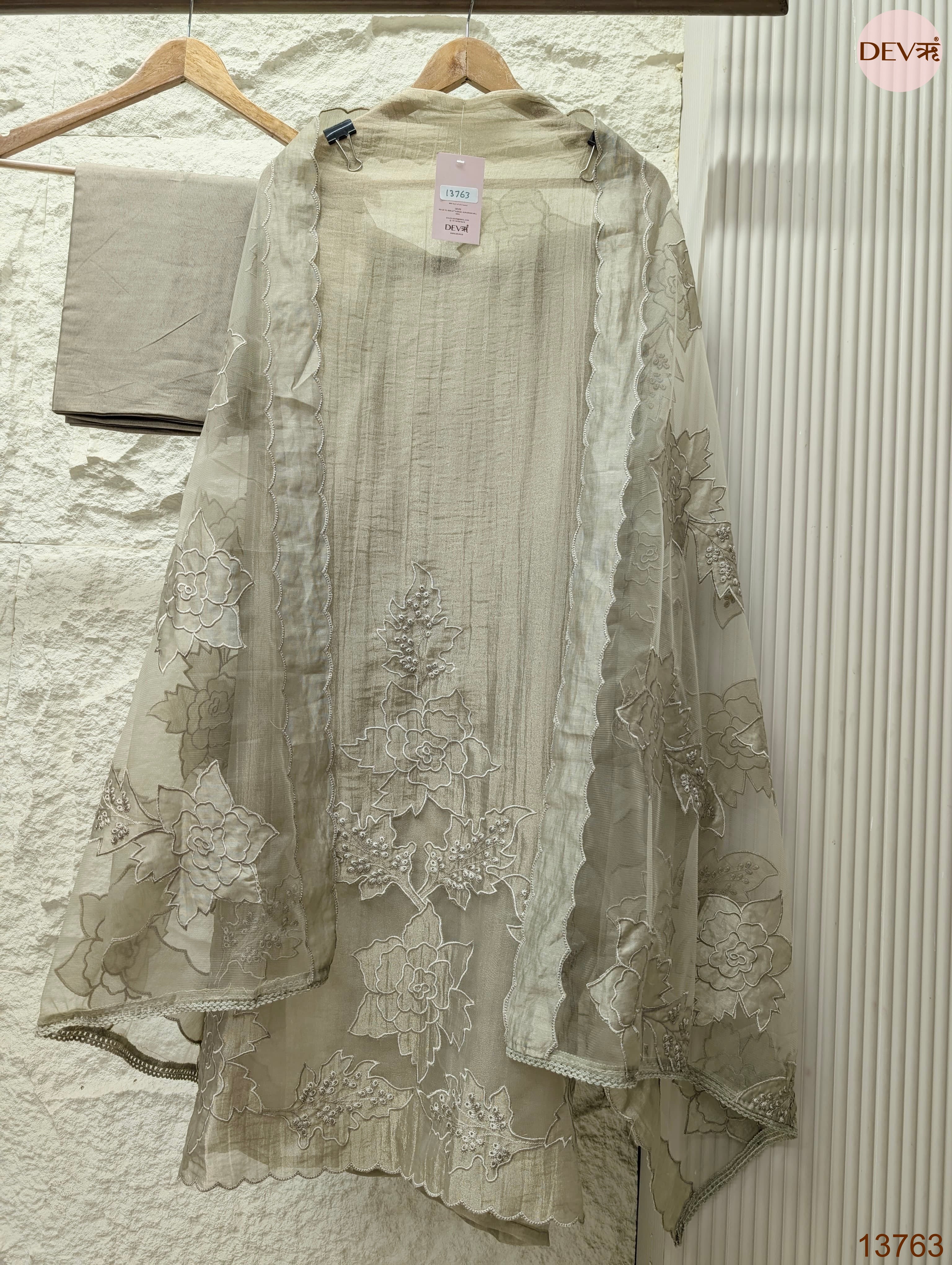 Beige Tissue Silk Embroidered Unstitched 3-Piece Suit (Devri – D.No 13763)