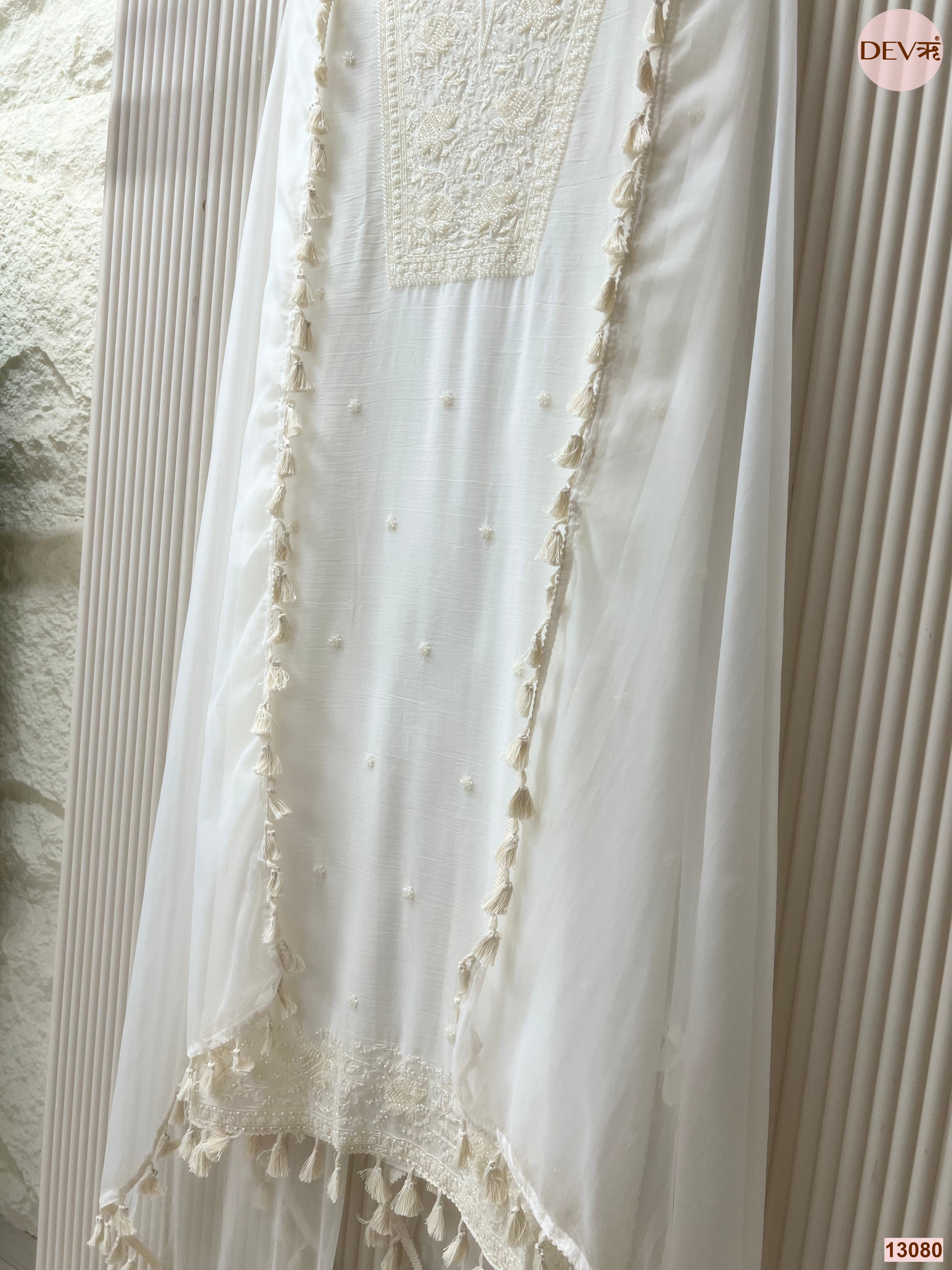 White Mul Cotton Embroidered Unstitched 3-Piece Suit (Devri – D.No 13080)