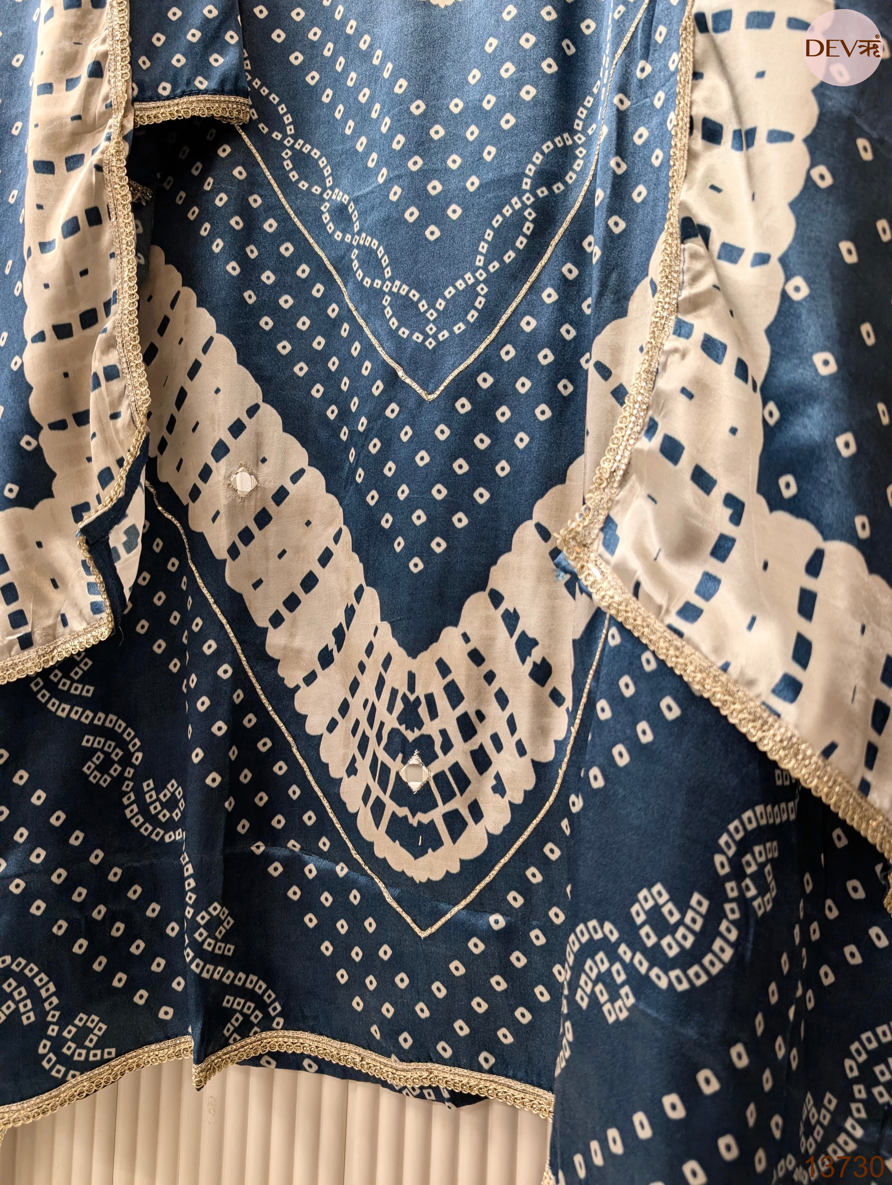 Blue Gajji Silk Printed Unstitched 3-Piece Suit (Devri – D.No 13730)
