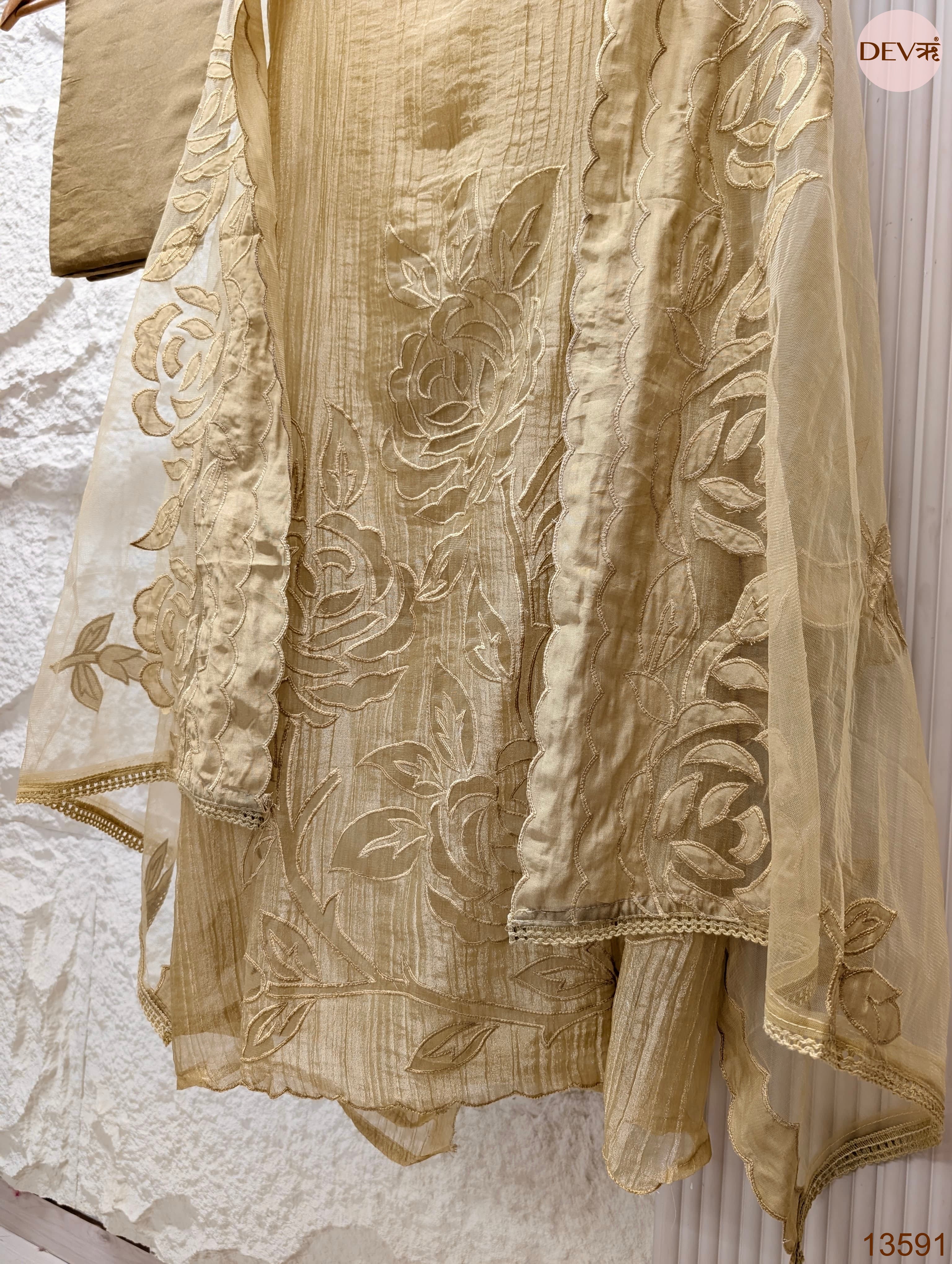 Beige Tissue Crush Silk Embroidered Unstitched 3-Piece Suit (Devri – D.No 13591)